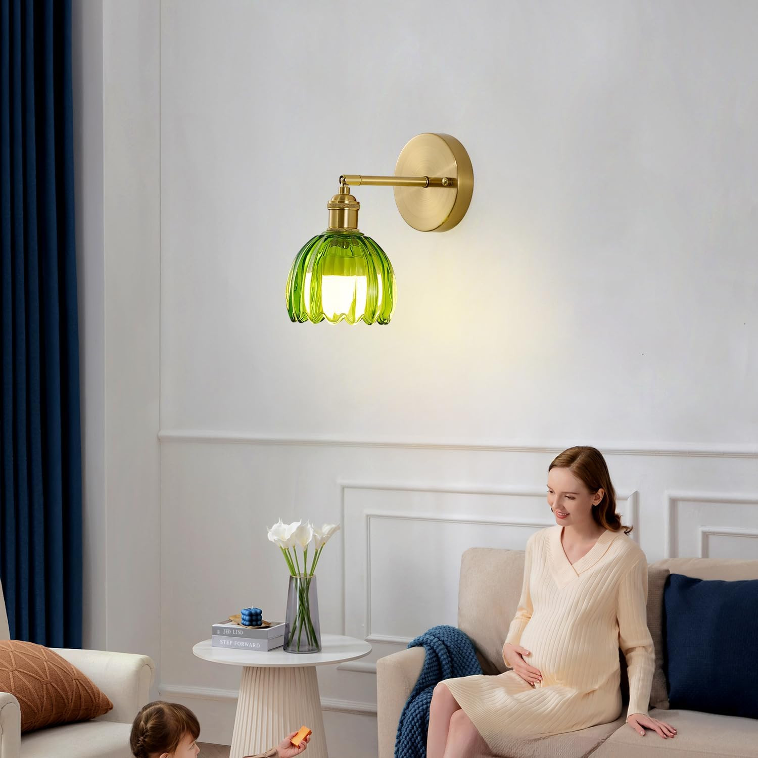 Remote-Controlled Vintage Wall Sconces with Adjustable Green Tulip Shades