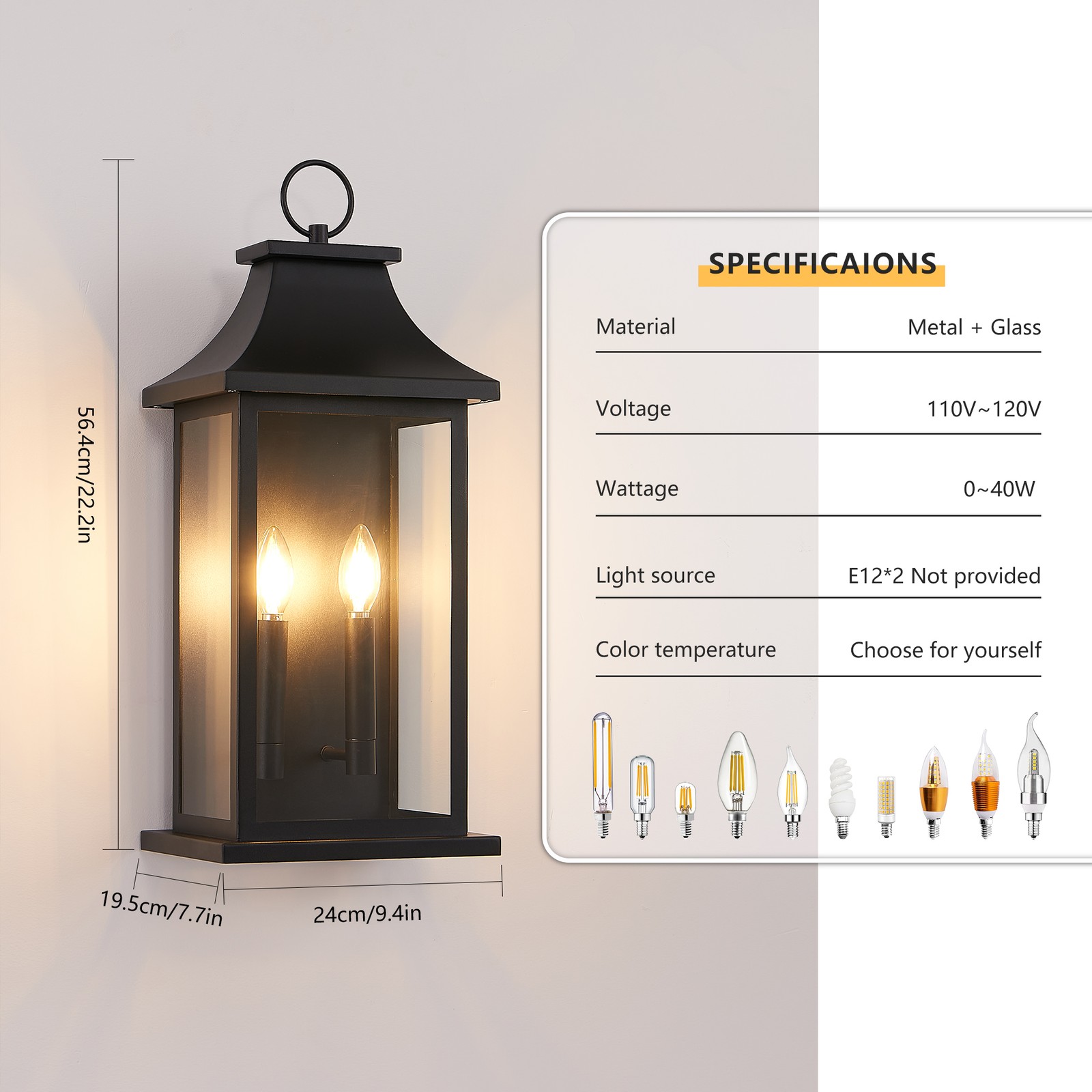 2 Pack 22″ Outdoor Wall LED Light Black Exterior Lantern Sconce Porch Fixture
