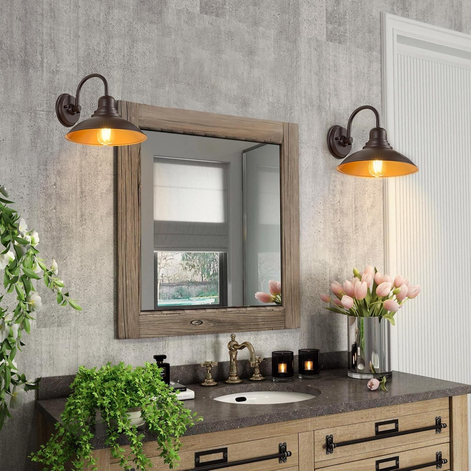2 Pack Bronze Vanity Barn Lights, Farmhouse Gooseneck Wall Sconce with E26 Socke