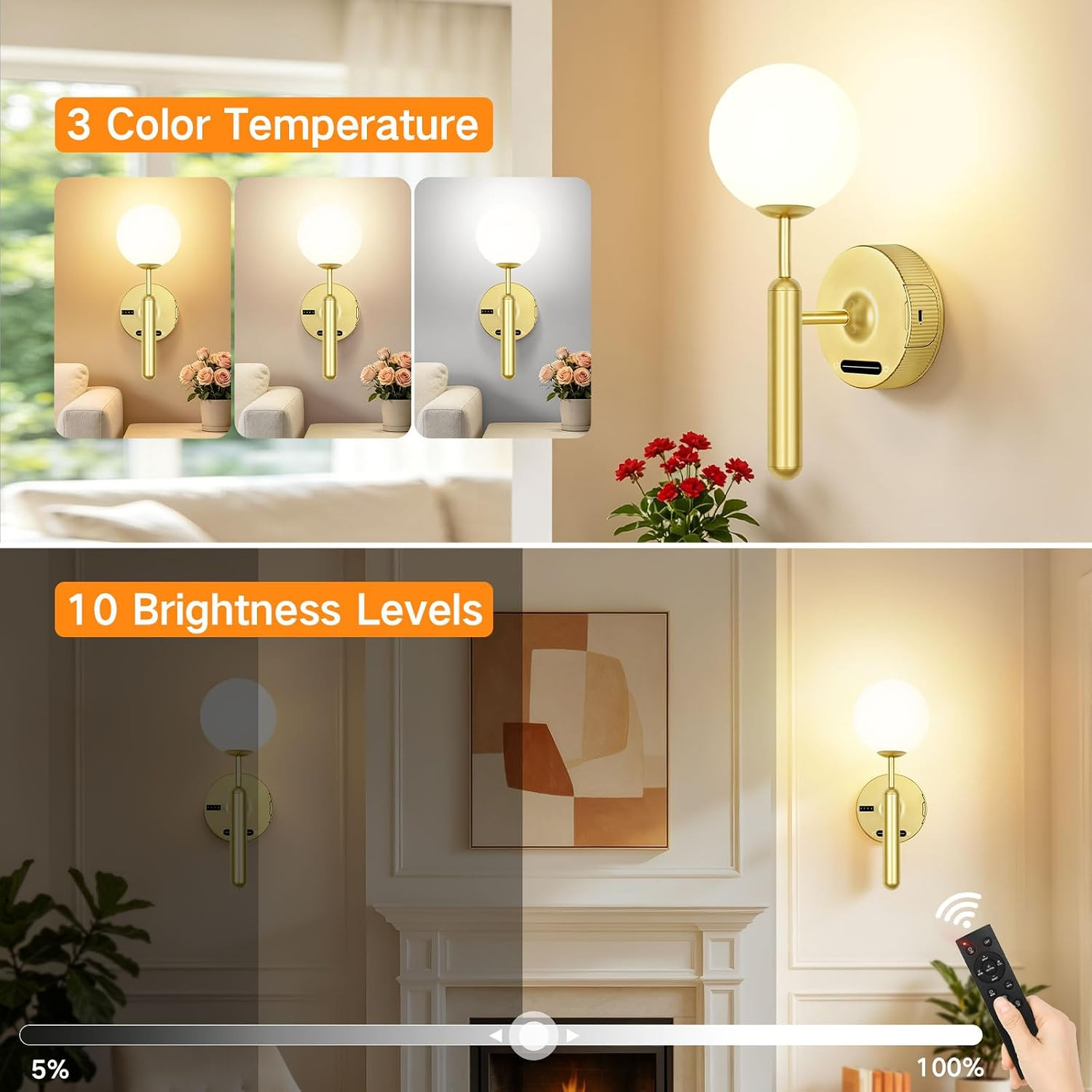 Gold Wireless Wall Sconce with Remote, Dimmable & Rechargeable 8000mAh Battery