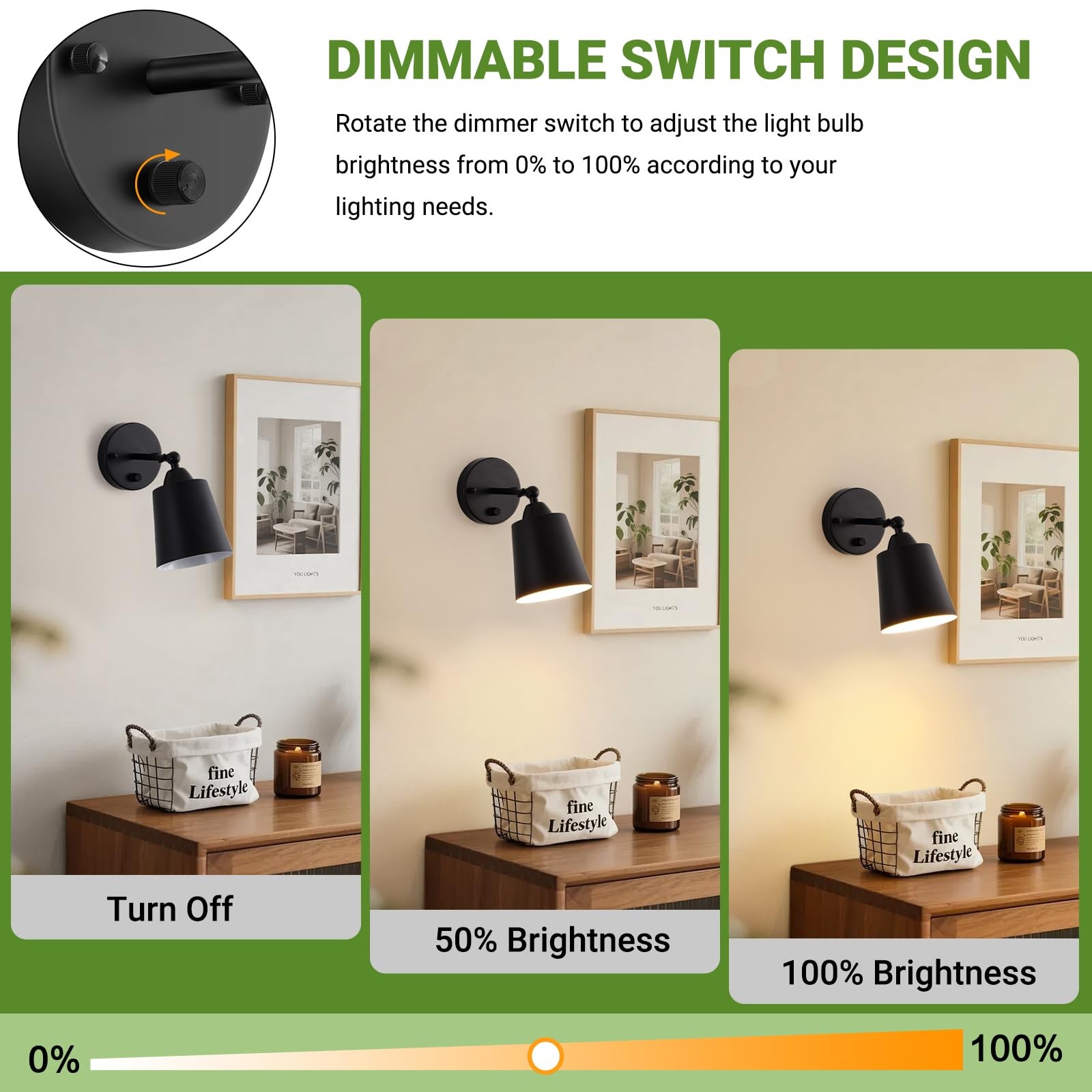 Dimmable Wall Sconces Set of Two, Bedside Wall Mount Lamp with Rotary Switch,…