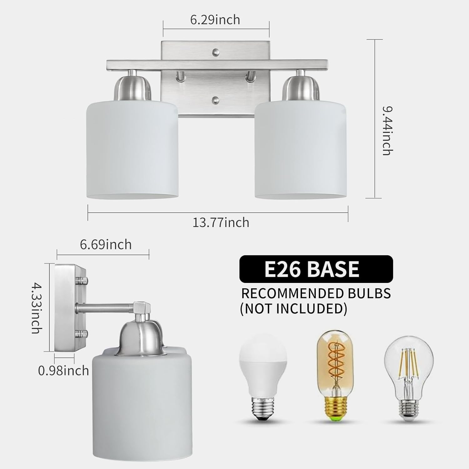 Brushed Nickel Bathroom Light, Anti-Rust Finish 2 Light Bathroom Vanity Light Br