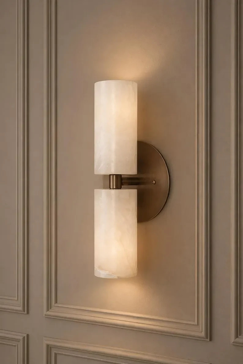 Luxurious Alabaster Double Cylinder Wall Sconce | Modern Brass Wall Light Fixtur
