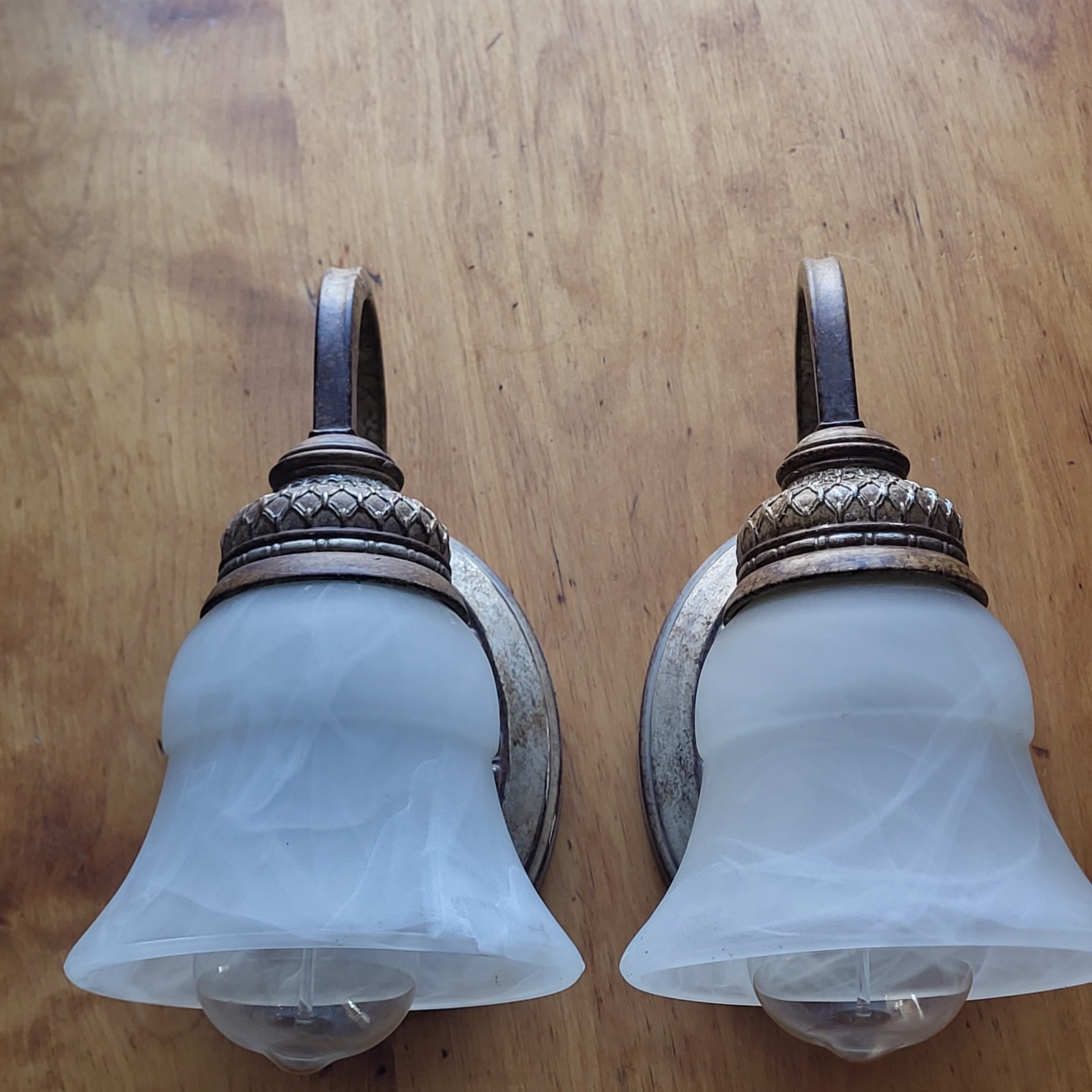 2 Matching Wall Lamps Soft White Glass Artificially Distressed Look To The Metal