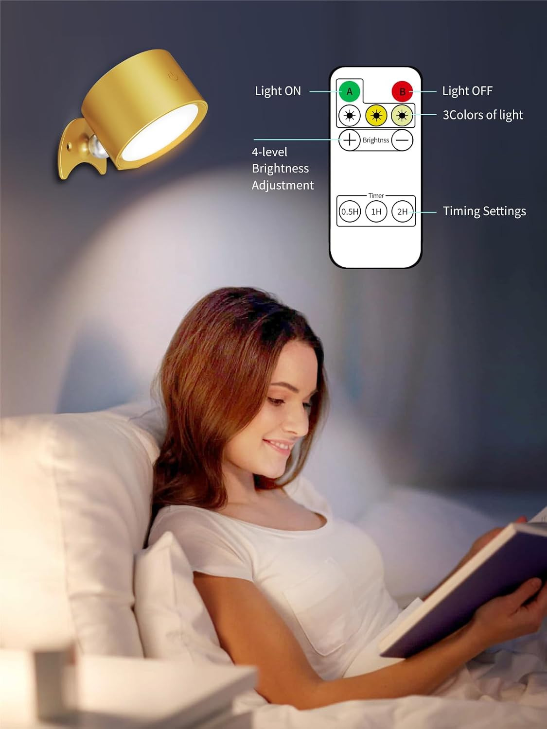 LED Wall Sconce Lamp 2-Pack, Remote & Touch, Dimmable, USB Rechargeable