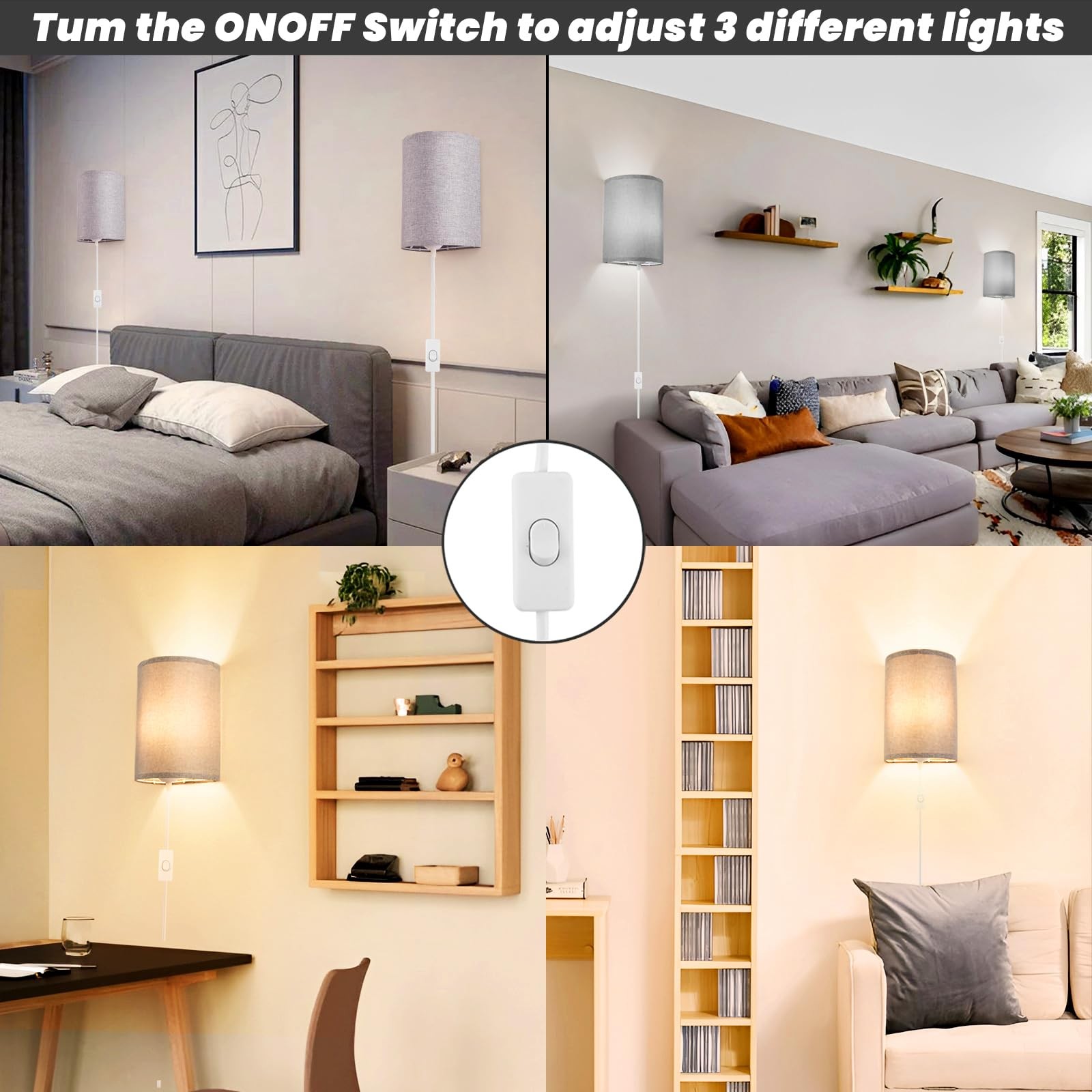 Wall Sconces Set of 2, Plug in Wall Sconces with On/Off Switch, 3-Color Selec…