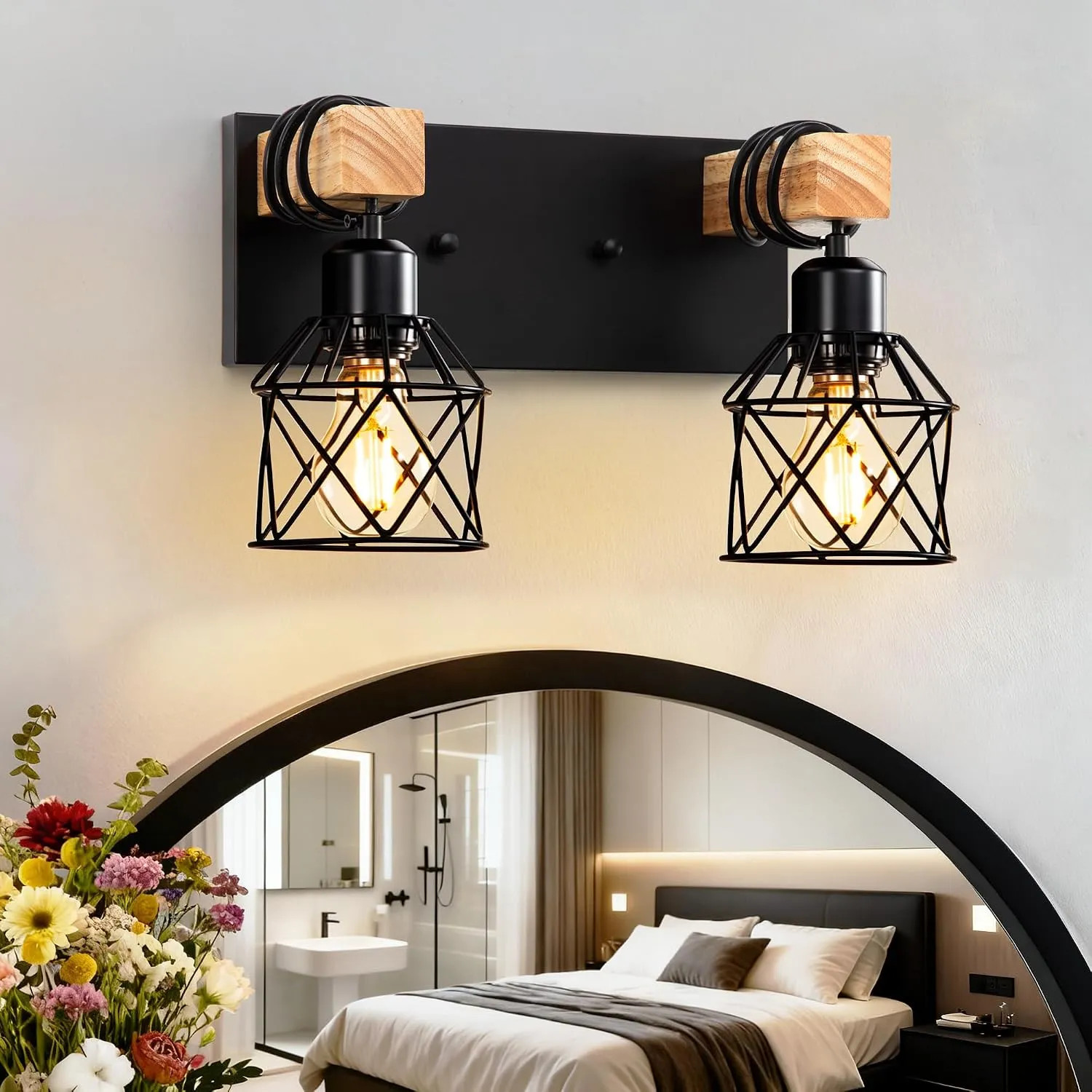 3 Light Bathroom Vanity Wall Lamp Rustic Wood And Black Metal Cage Farmhouse…