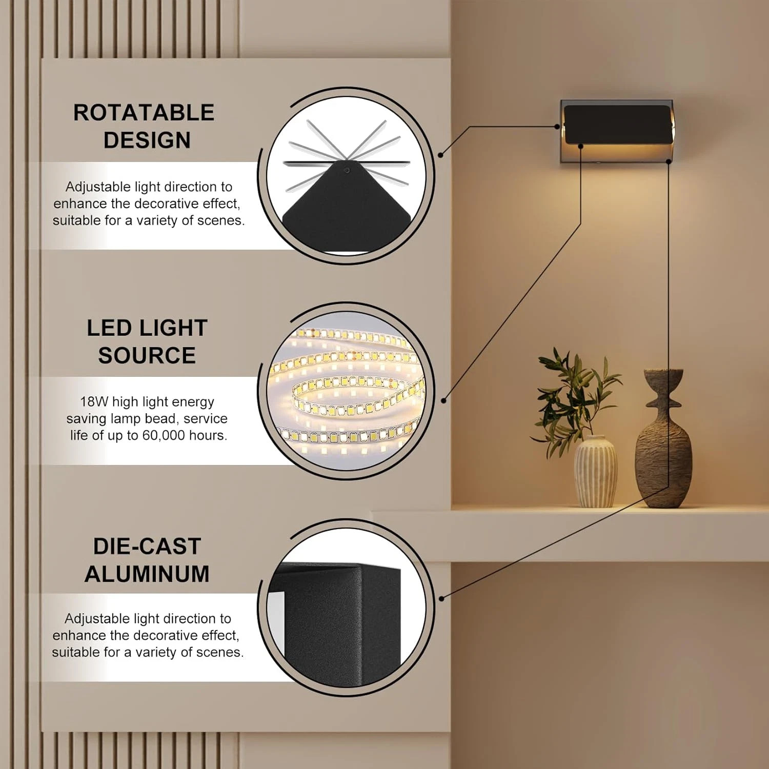 Indoor Modern Led Aluminum Wall Sconces,18W 5CCT 3000K-6000K Dimmable Hardwired