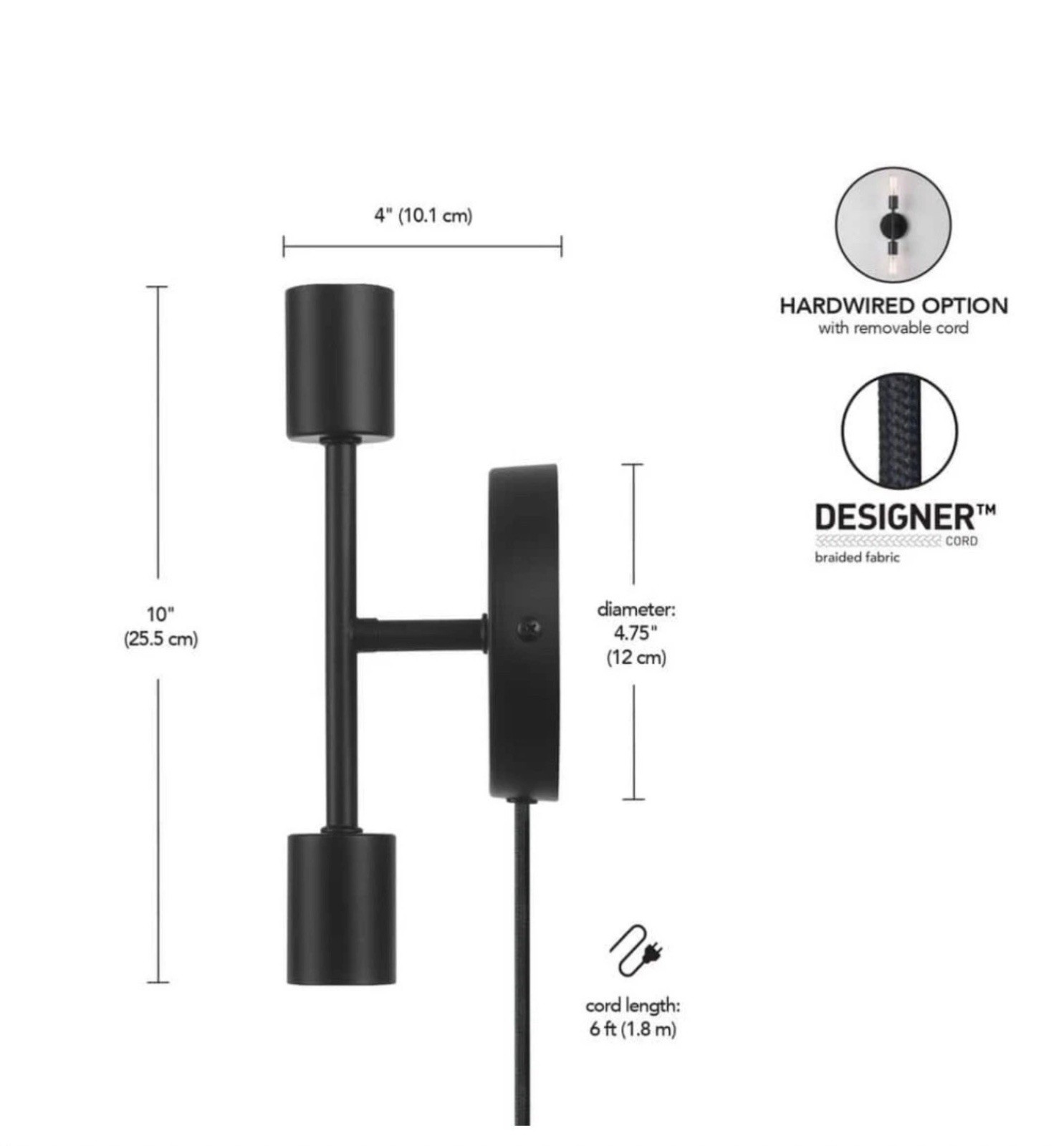 2 PK Hampton Bay Stockport 2-Light Wall Sconce Matte Black, Plug-in/hardwire