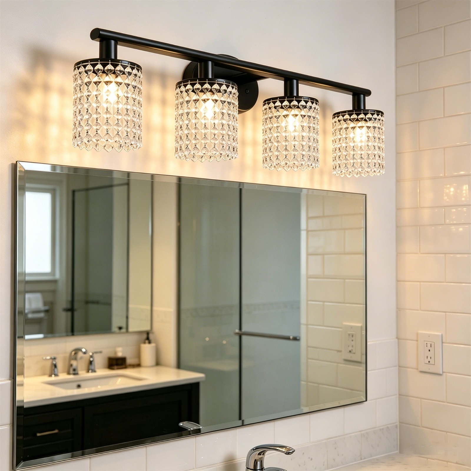 4-Light Black Crystal Vanity Light Wall Sconce for Bath Bedroom Living Room