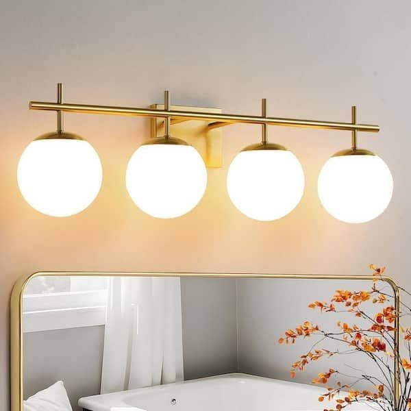 Kaisite 31 in. 4-Light Antique Gold Vintage Brass Globe w/Frosted Glass Shades
