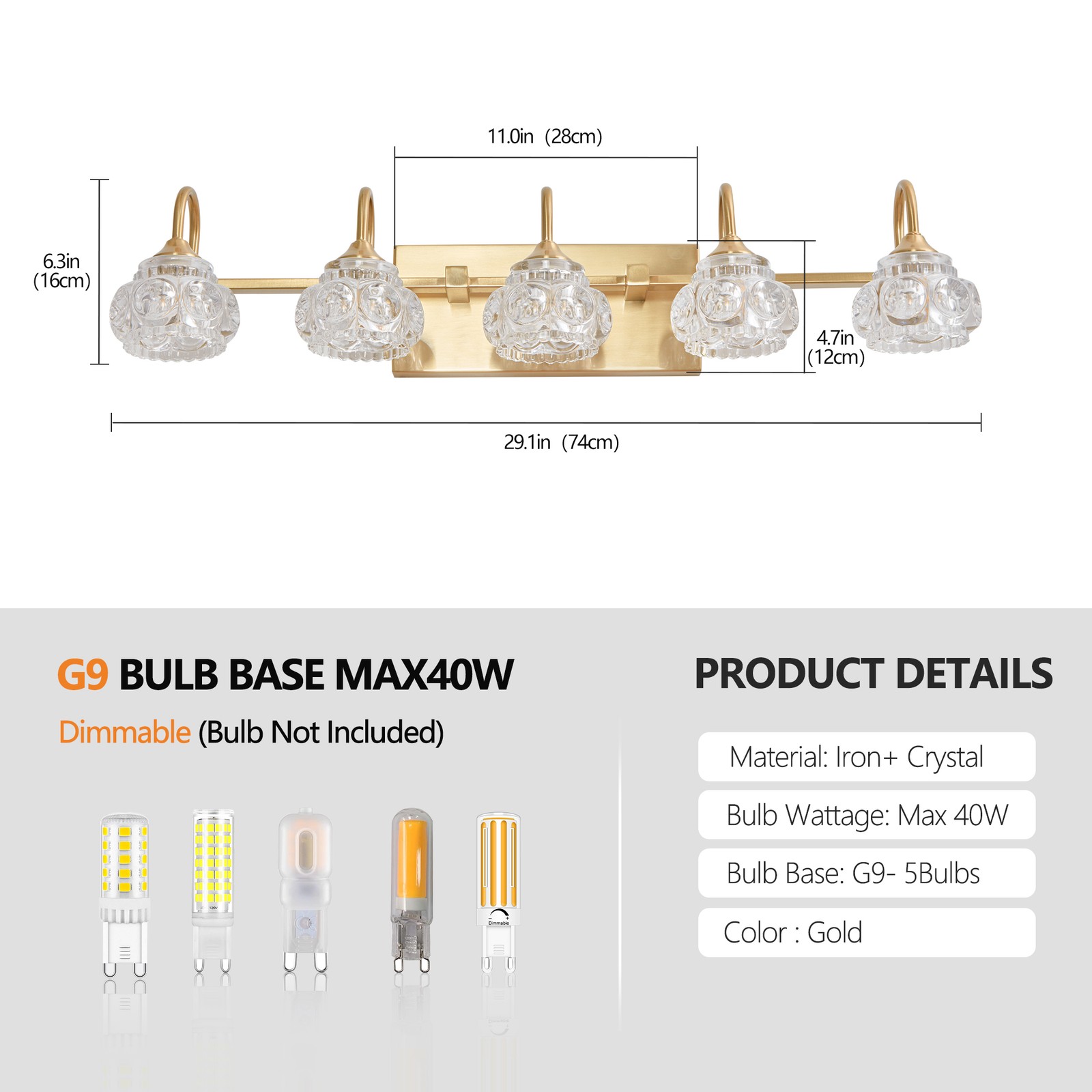 29″ Crystal Vanity Light Bathroom Mirror Gold Wall Lamp Vintage Sconce Fixture