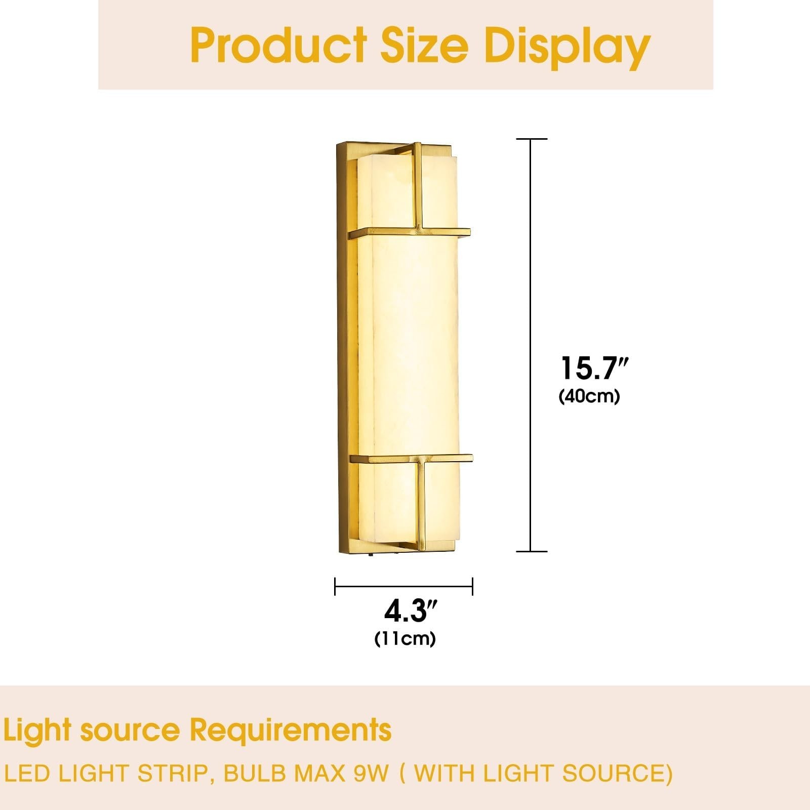 15.7″ Alabaster Wall Sconce, Dimmable 3 CCT, Square Marble Shade, Gold, Hardwire