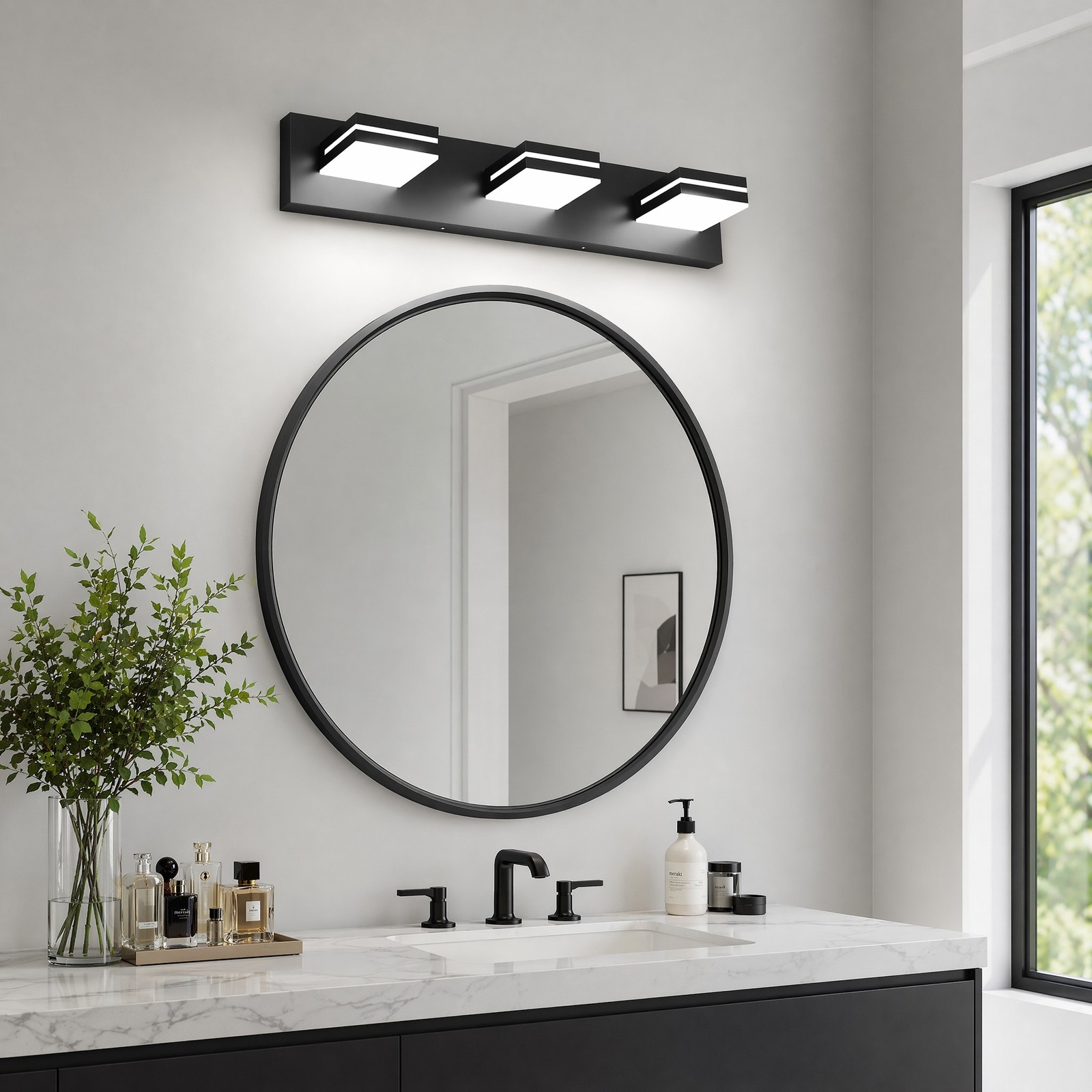 24 in 3 Lights Modern Black LED Vanity Light Bathroom Mirror Wall Sconce Fixture