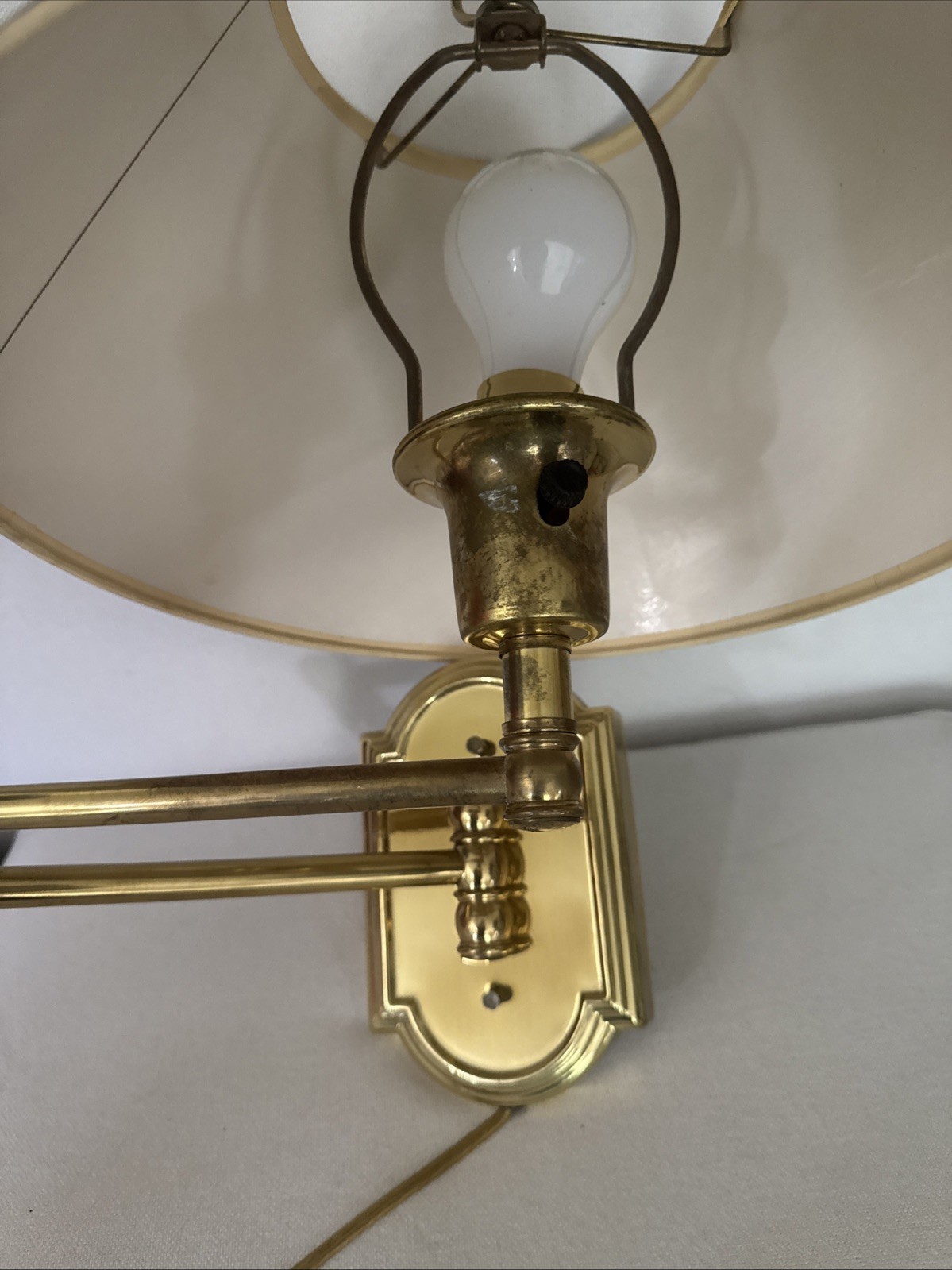 Vintage Brass Swing Arm Wall Lamp Plug In Adjustable Sconce w Shade Mid Century