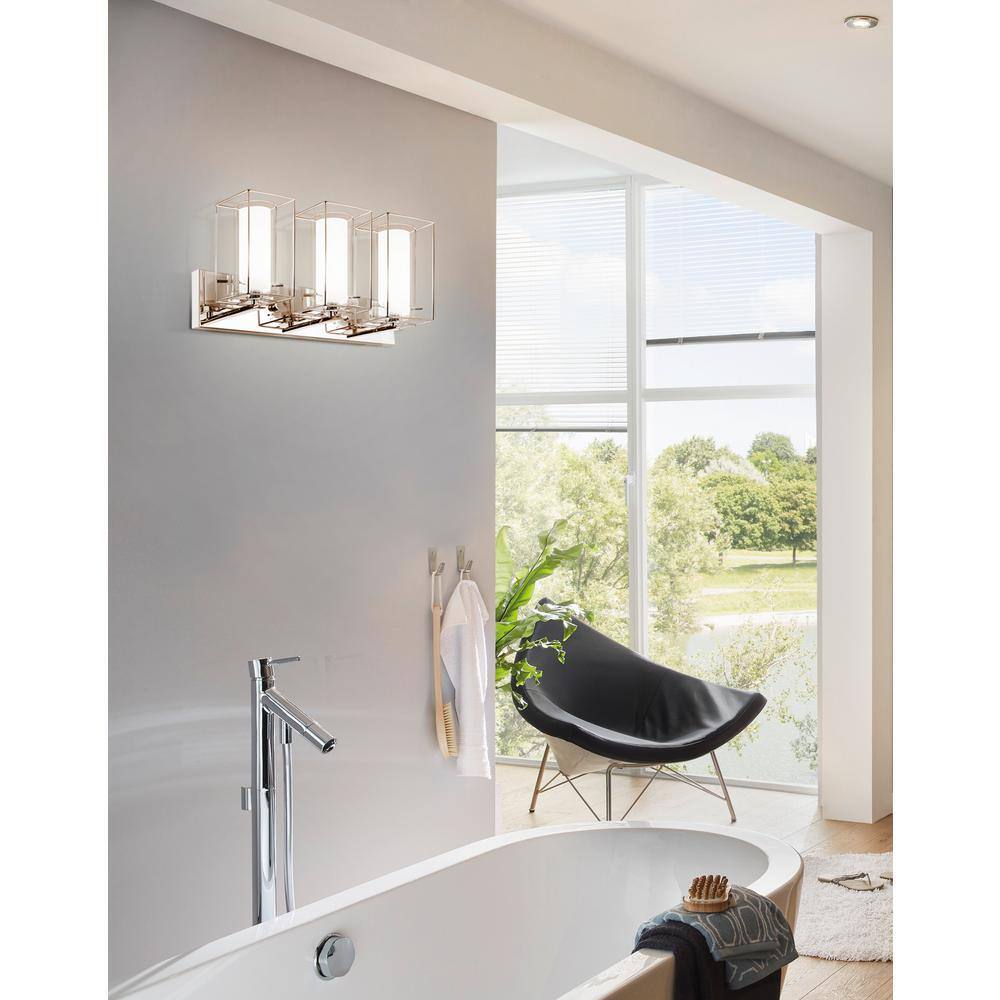 Eglo Iride 3-Light 25″ Chrome Bathroom Vanity Light w/Clear & White Glass Shades