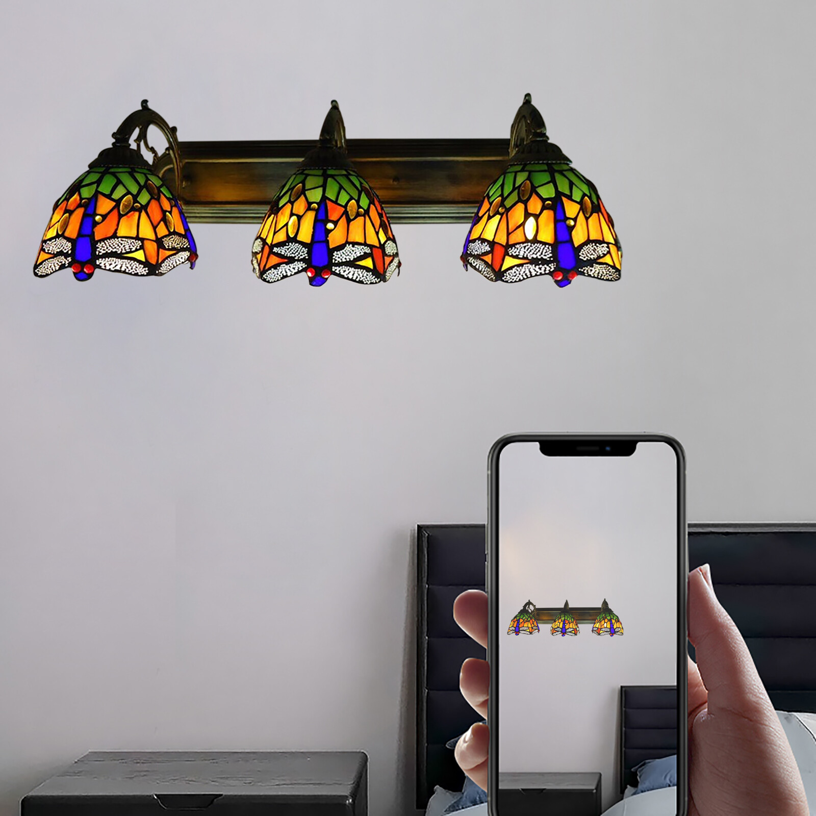 Wall Sconce Lamp Vanity Light Fixtures 3-Light Stained Glass Lampshade