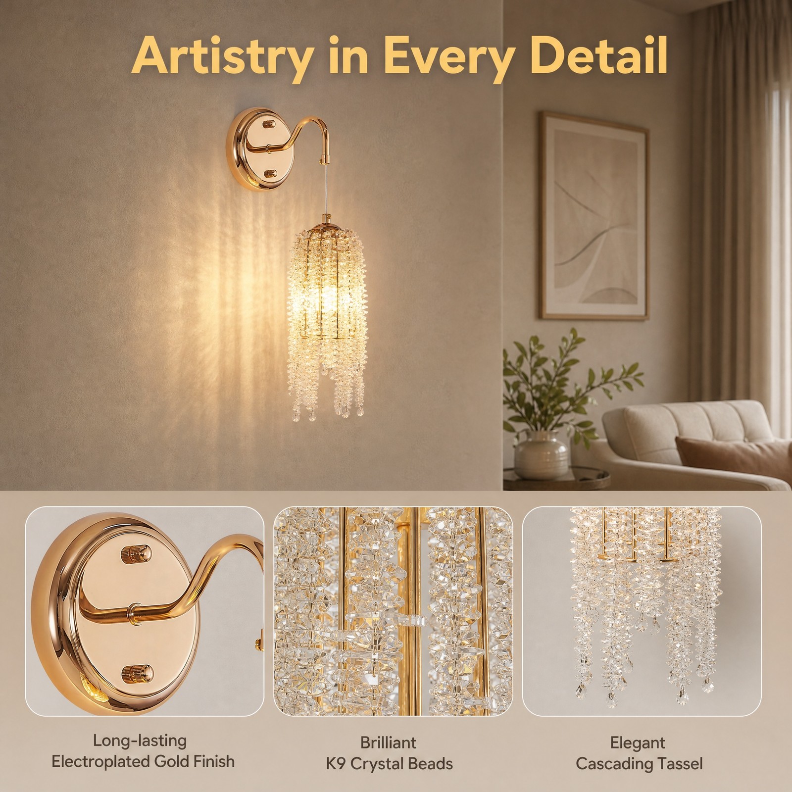 2 Pack 17 inch Gold Raindrop Crystal LED Wall Light Indoor Luxury Sconce Fixture