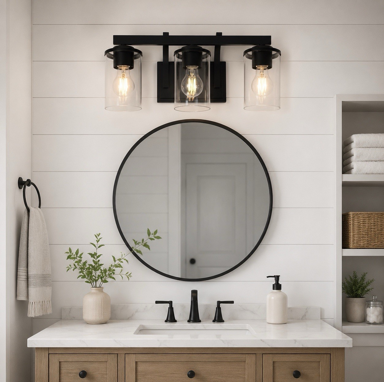 LNC A03409A 20 in 3-Light Matte Black Bathroom Vanity Light Clear Glass