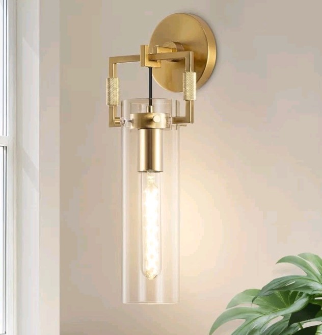 15inch Gold Wall Sconce, Modern Straight Glass Shade 3000K E26 Hardwired Fixture