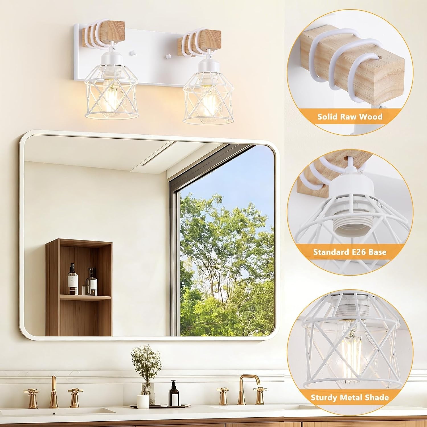2-Light White Bathroom Light Fixtures, Wood Bathroom Vanity Lighting Fixtures…