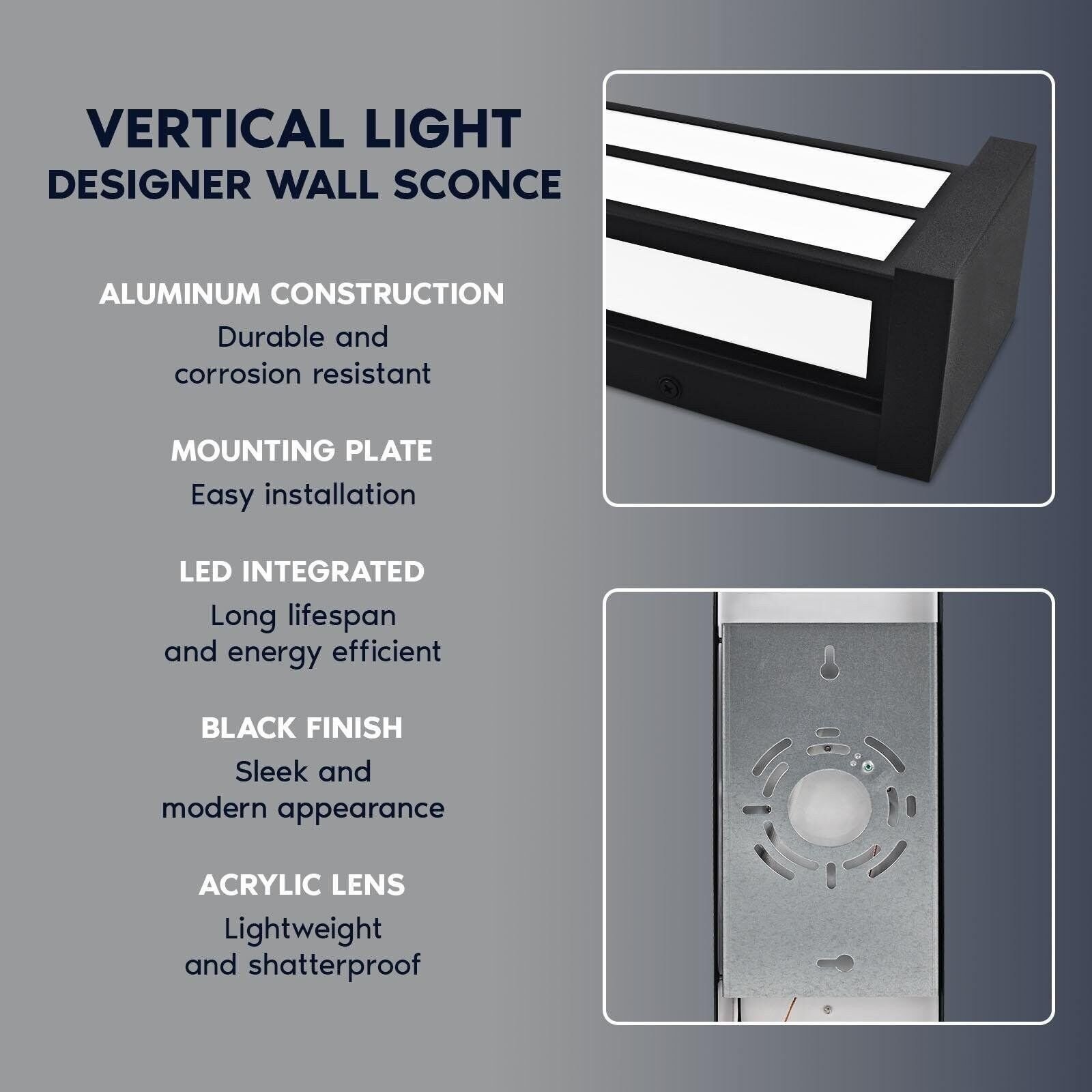 Luxrite LED Outdoor Wall Sconce 24in Black Aluminum 3CCT 26W ETL IP65 2-Pack