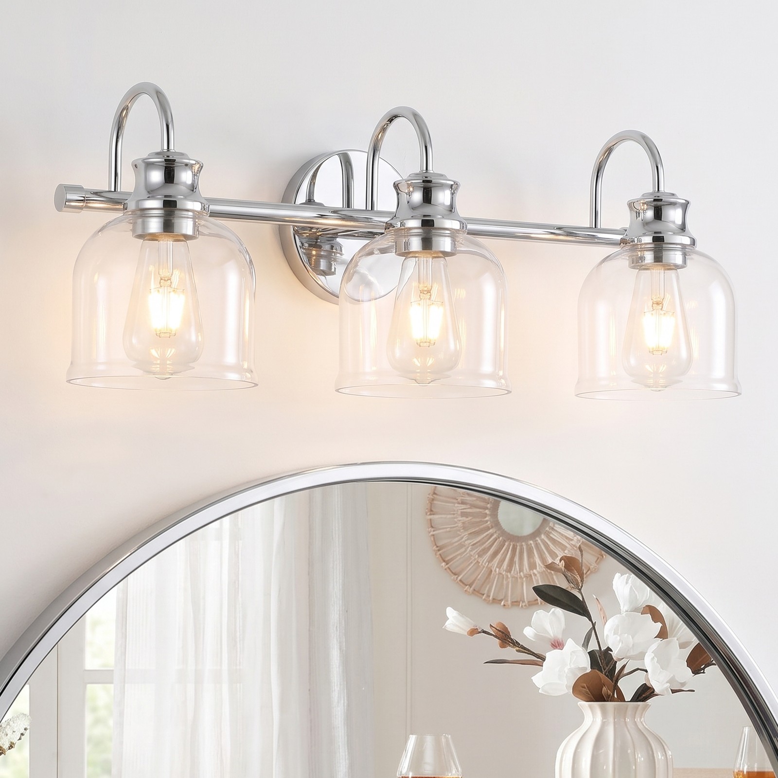 24″ 3-Light Bathroom Vanity Light,Polished Chrome Wall Sconce w/Clear Bell Glass