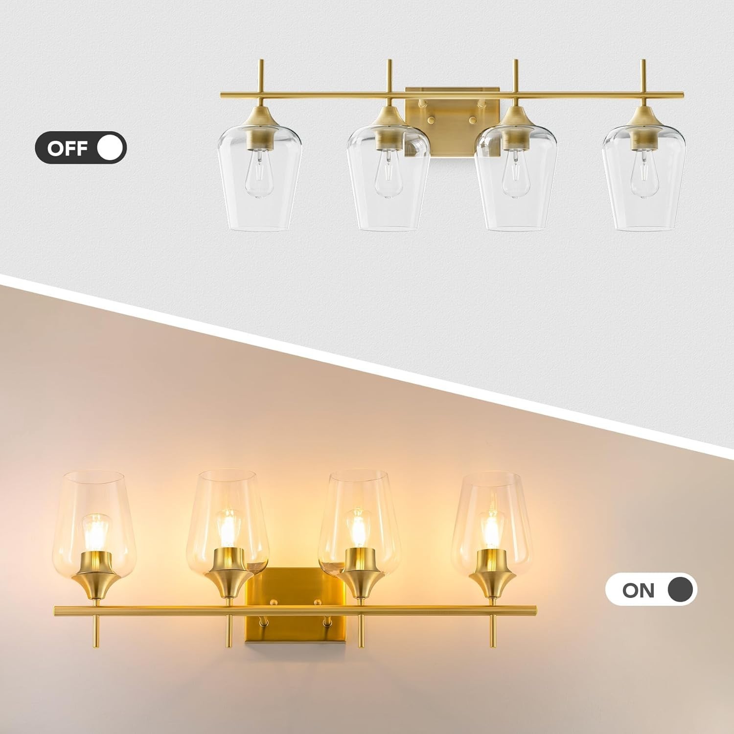 VONLUCE 30″ Bathroom Vanity 4-Light Linear Wall Fixture, Gold w/ Clear Shades