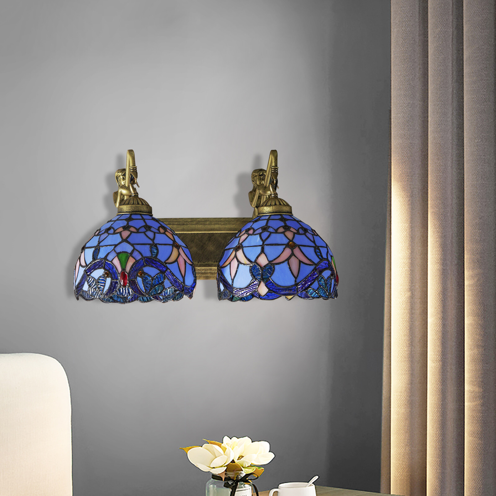 Indoor Tiffany Bathroom Vanity 2 Light Fixture Retro Stained Glass Wall Lighting