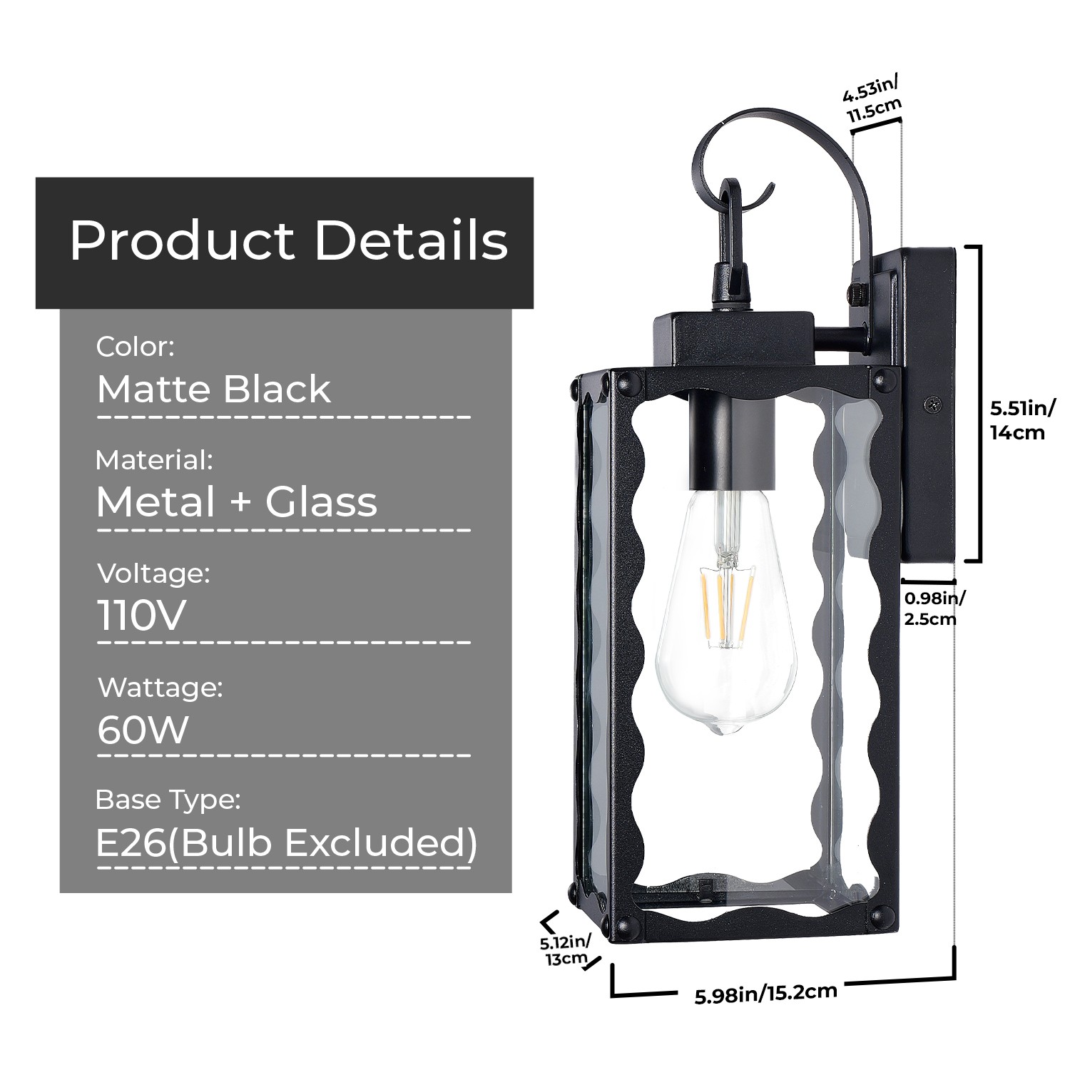 2 Pack 15″ Outdoor Wall Light Glass Porch Exterior Mount Sconce Black Fixture
