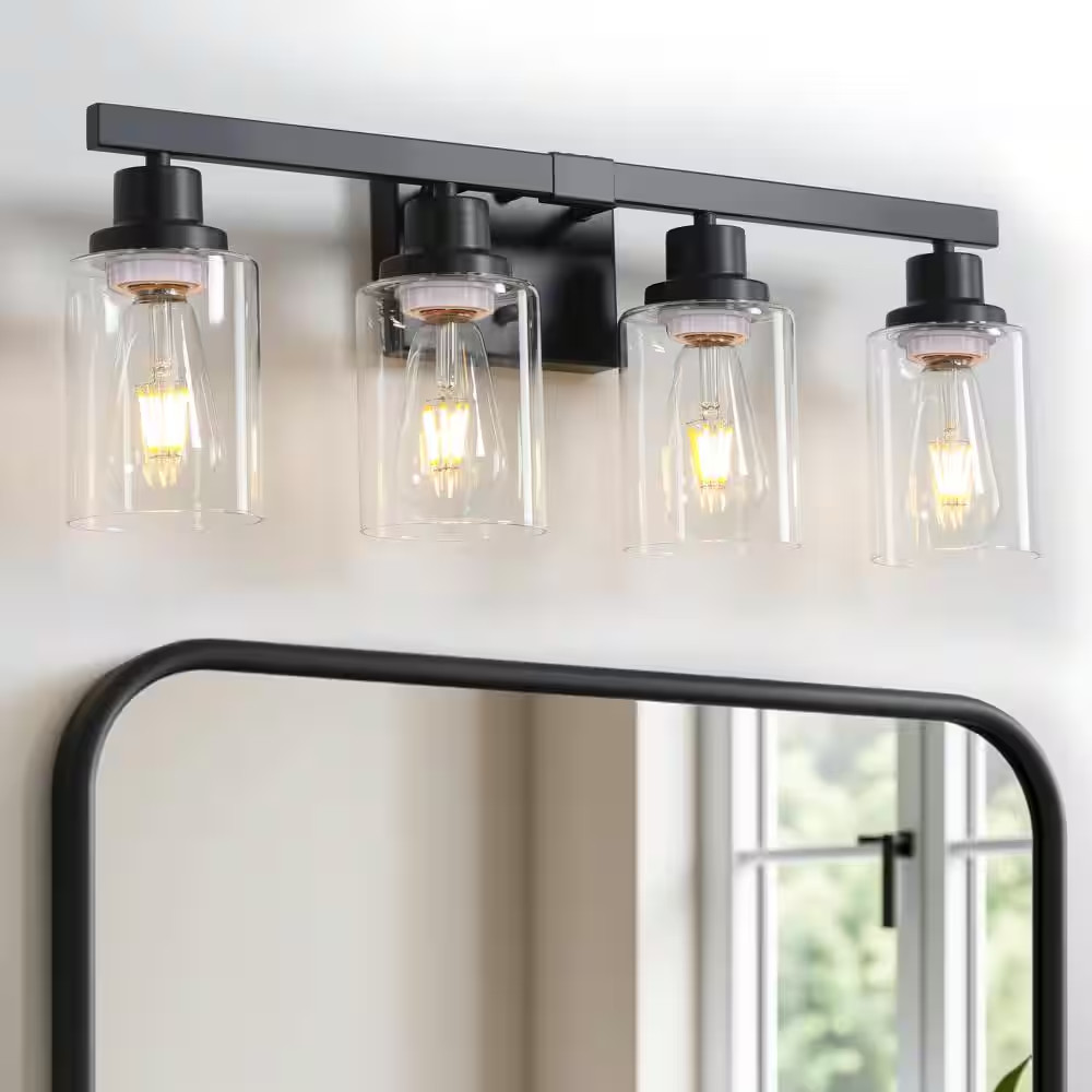 23.6 In. 4-Light Black Farmhouse LED Vanity Light Fixture with Glass Shade Rusti