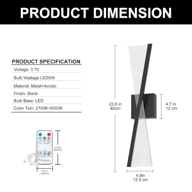 2-PACK YANSUN 24″ 1-Light Black Wireless Wall Sconce Cool White 6000K Lighting