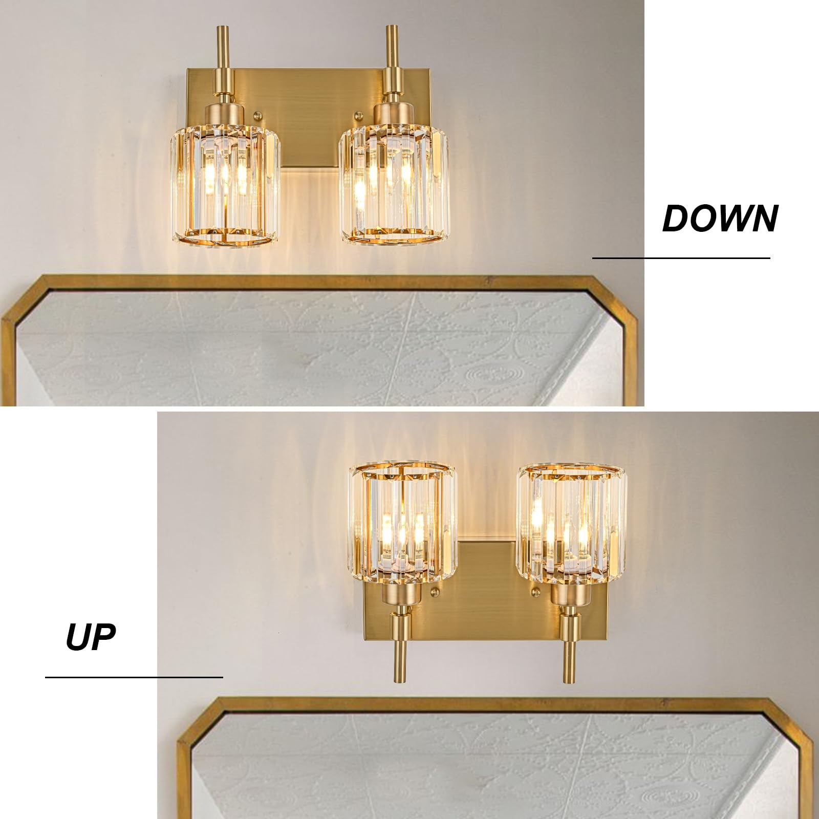 2 Light Modern Crystal Gold Vanity Light Fixtures for Bathroom Over Mirror