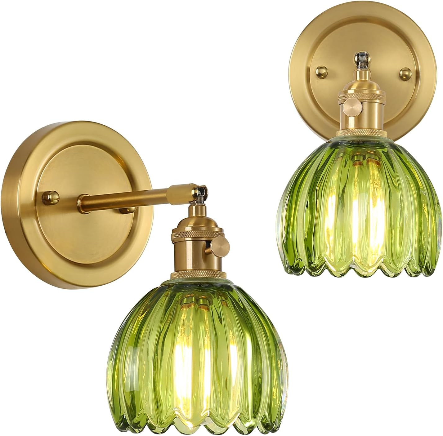 Vintage Green Wall Sconces Set of 2 with Adjustable Tulip Glass Shade