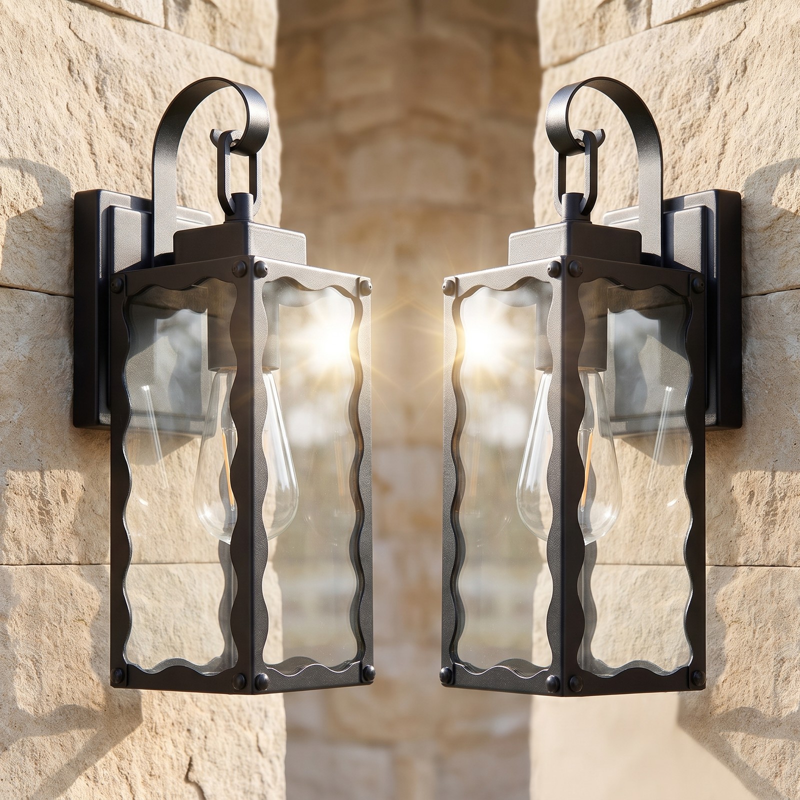 2 Pack 15″ Outdoor Wall Light Glass Porch Exterior Mount Sconce Black Fixture