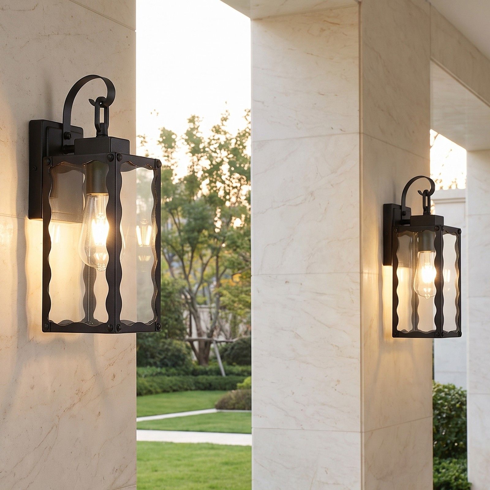 2 Pack 15″ Outdoor Black Wall Light Glass Porch Exterior Mount Sconce Fixture
