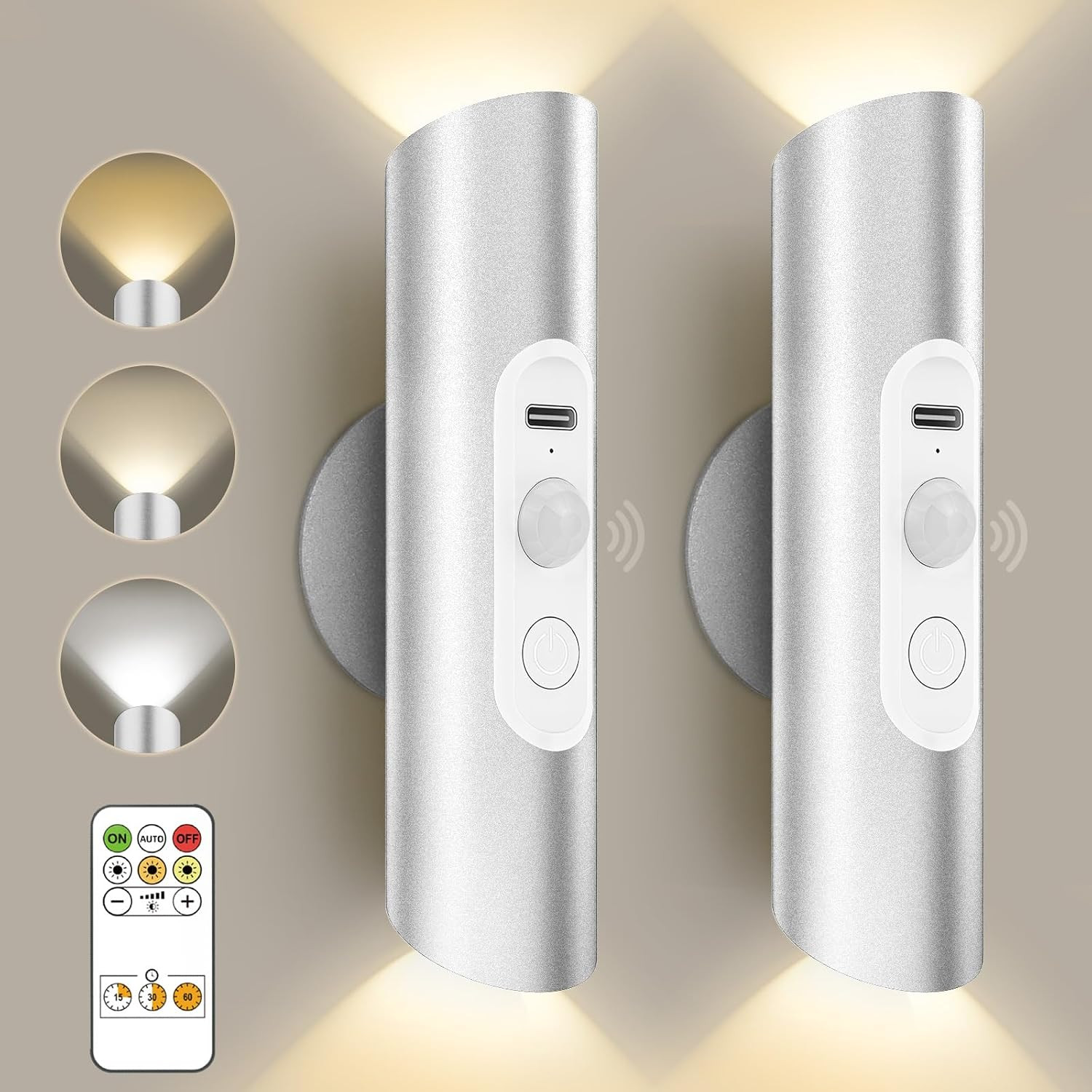 Dimmable Rechargeable Motion Sensor Wall Lights Set of 2 with Remote Control