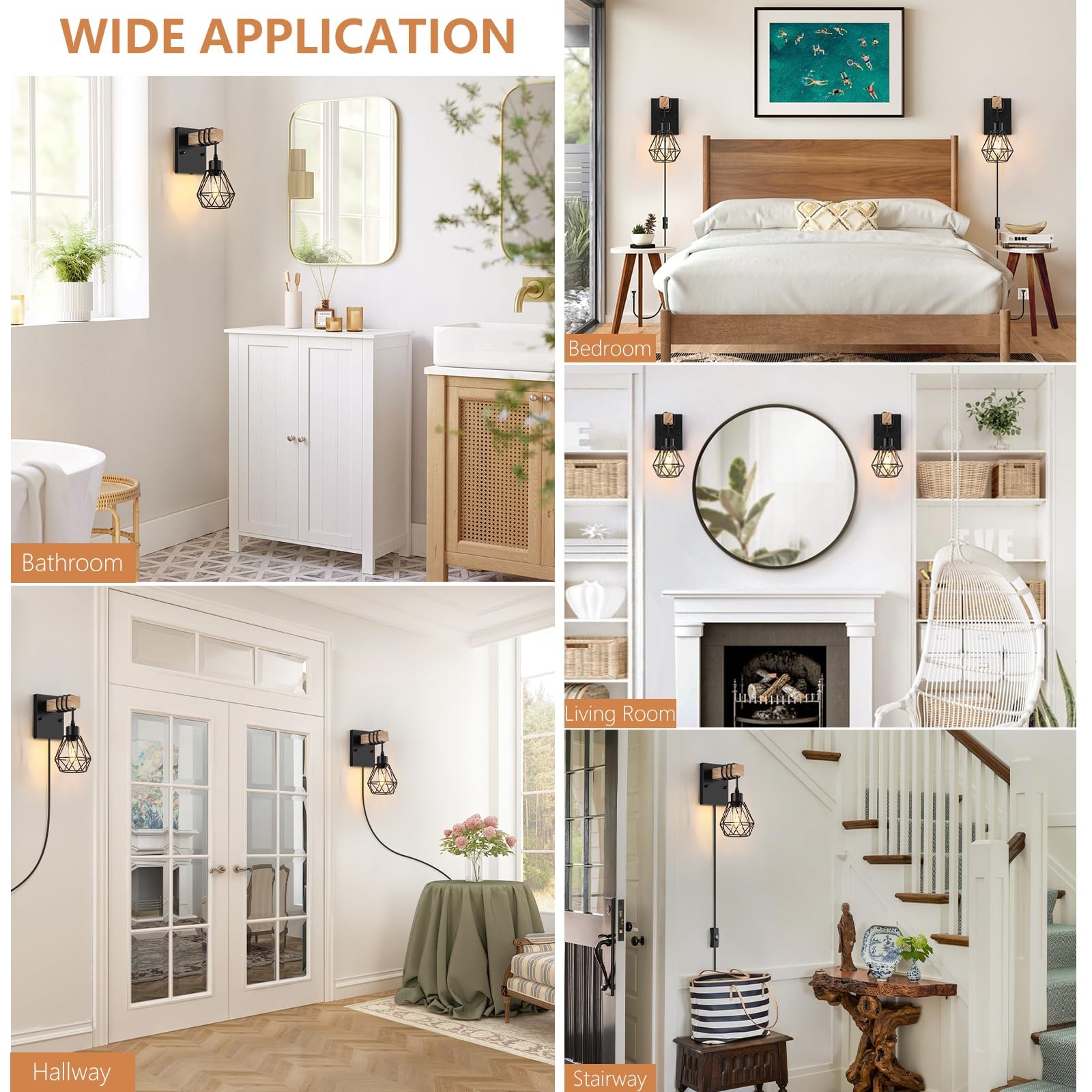 Plug in Wall Sconces Set of Two, Vintage Wood Wall Lamps with Plug in Cord, F…