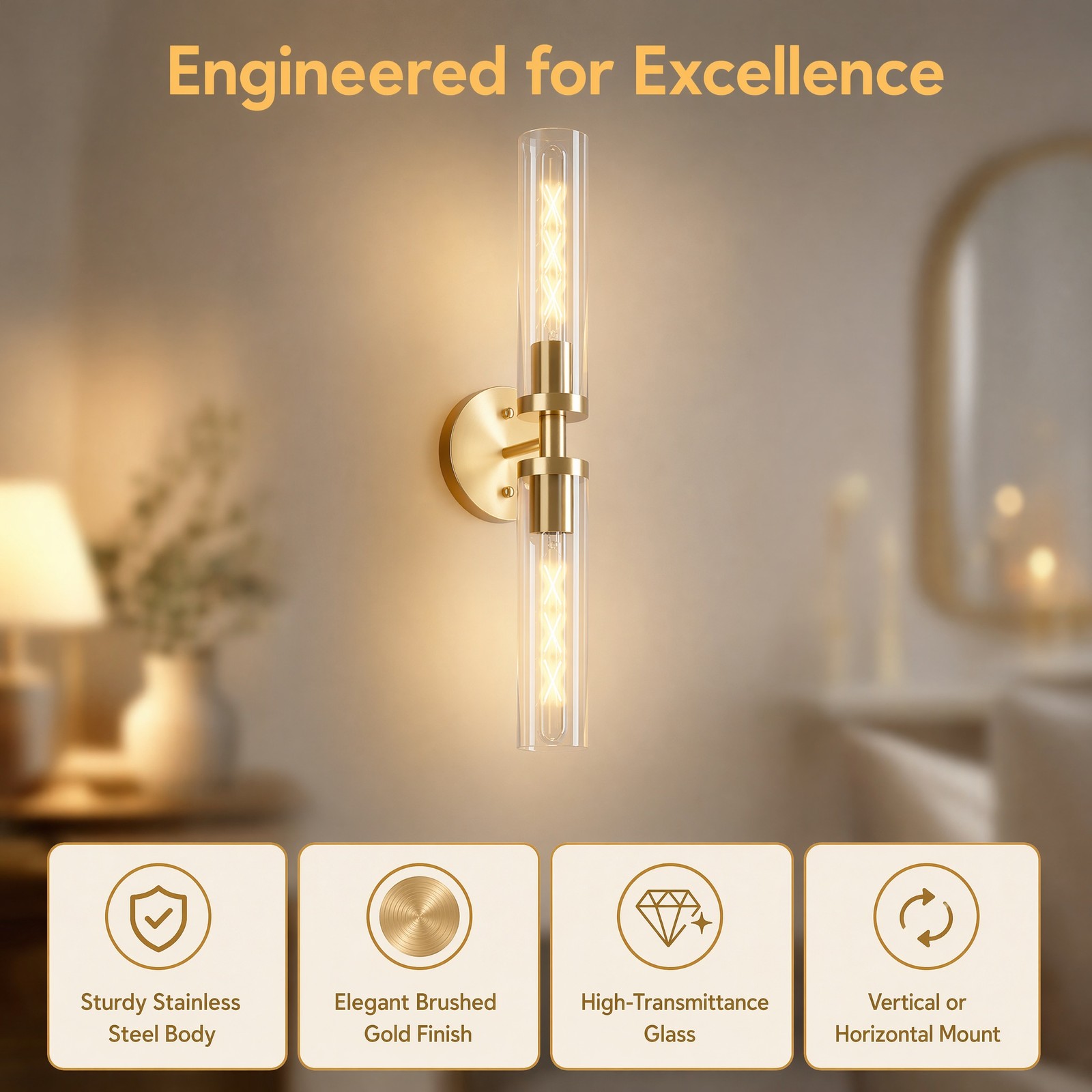 2 Pack 22» Modern Indoor Wall LED Light Gold Bathroom Vanity Sconce Fixture