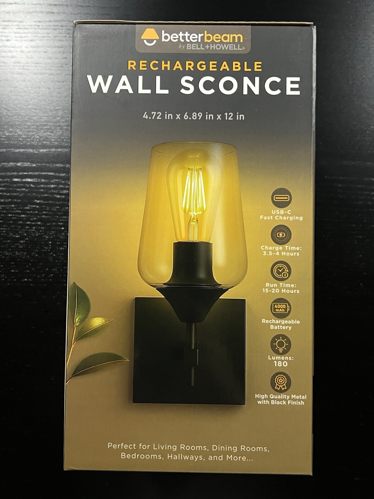 BETTERBEAM Clara 10.8 in 1-Light Matte Black Rechargeable Wall Sconce 24589