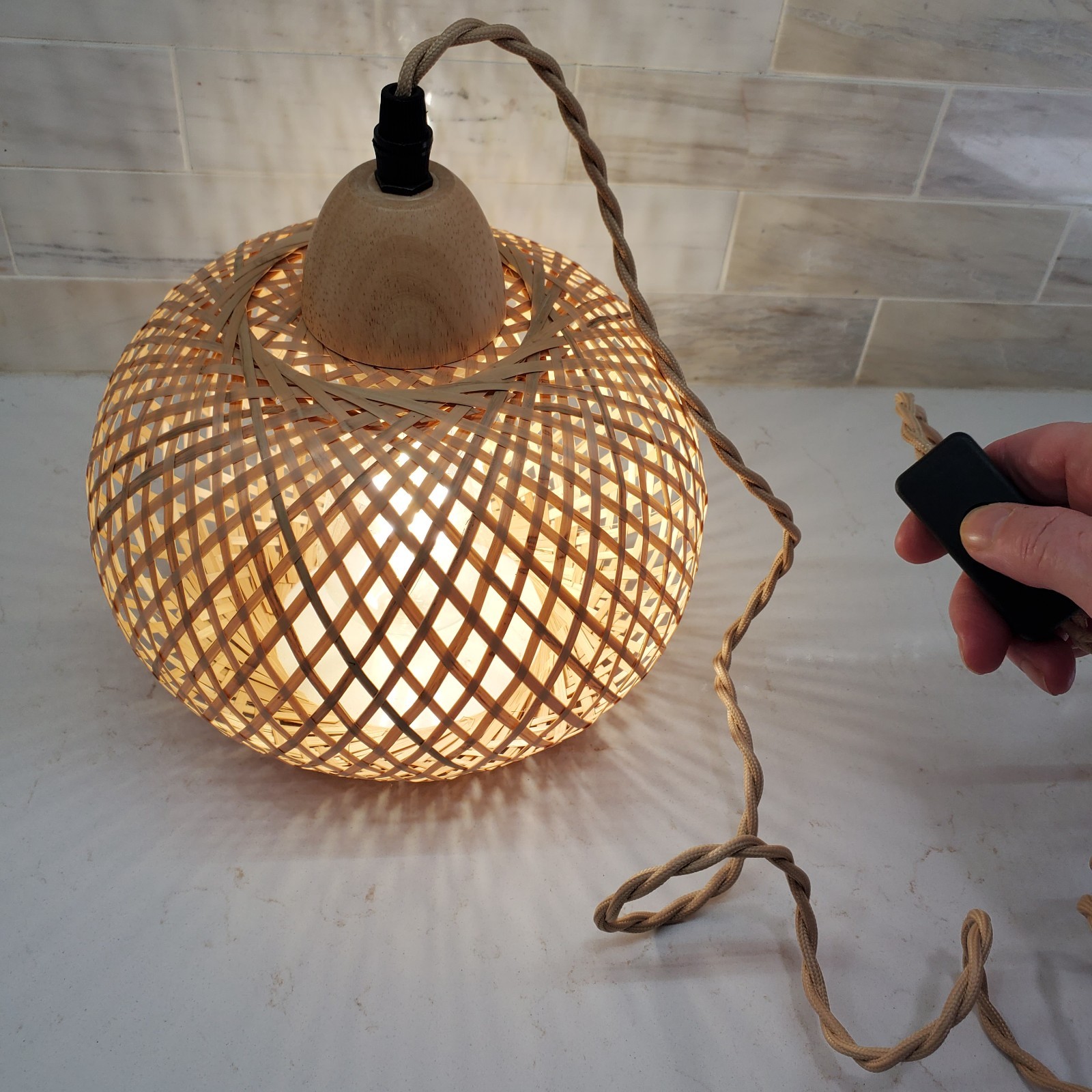 Bamboo Lantern Plug In Wall Sconce Wicker Hanging Lamp Corded Hang Light