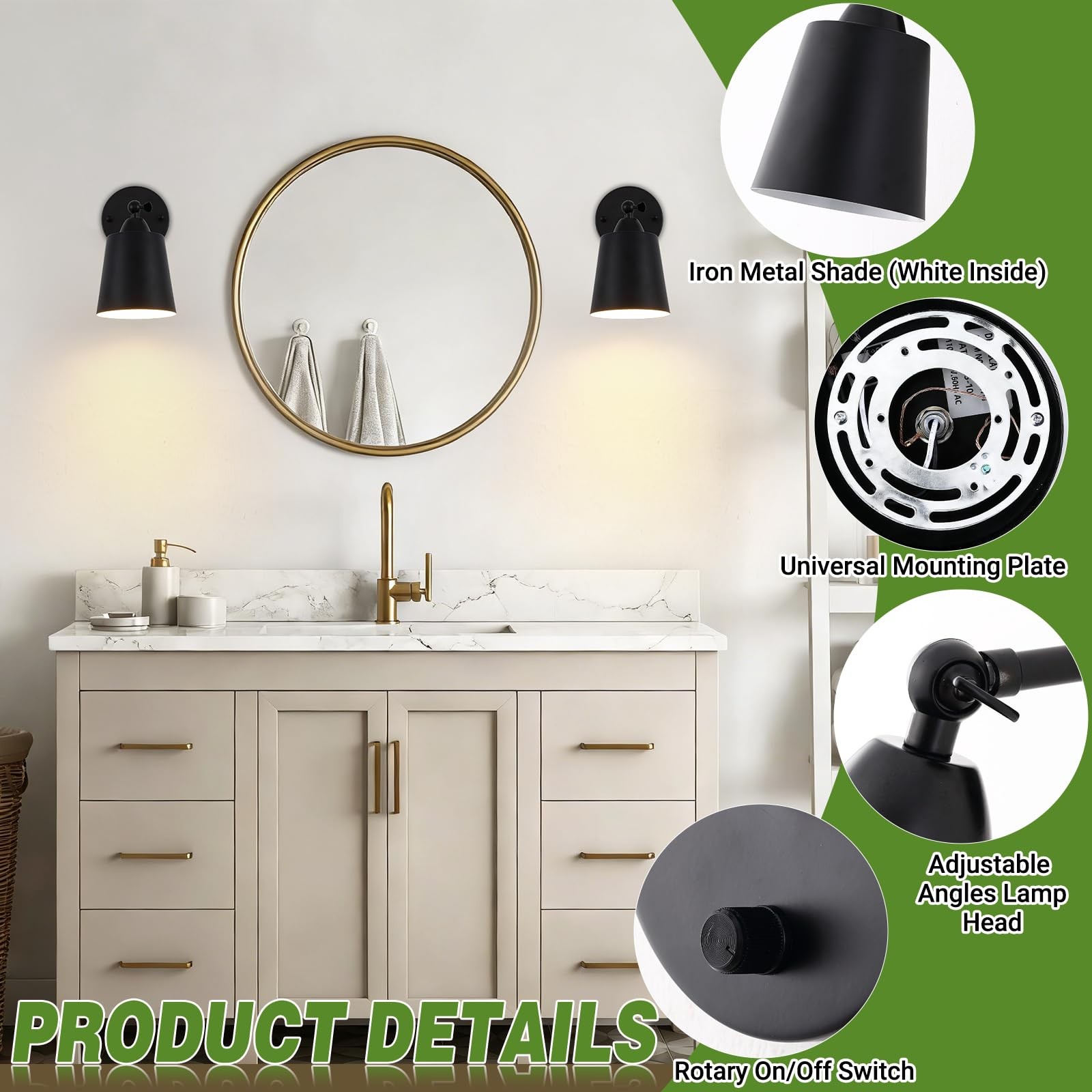 Dimmable Wall Sconces Set of Two, Bedside Wall Mount Lamp with Rotary Switch,…