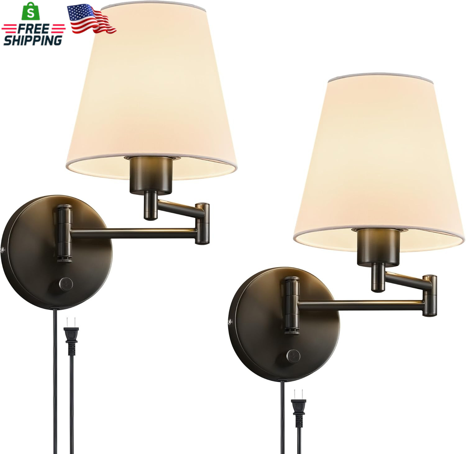 VONLUCE Wall Sconce Set of 2, Plug in & Hardwired Swing Arm Wall Lamps, Adjustab