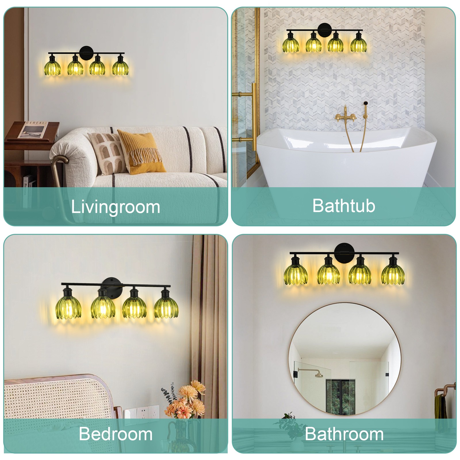 4-Light Adjustable Wall Sconce, Vintage Glass&Black Metal，Bathroom Bedroom Decor