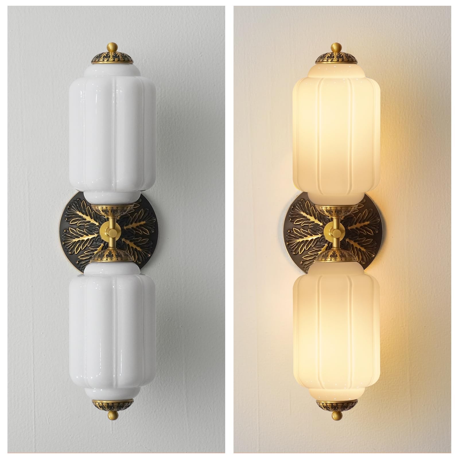 Vintage Bathroom Vanity Light – 2-Light Milk Glass Sconce with Antique Brass …