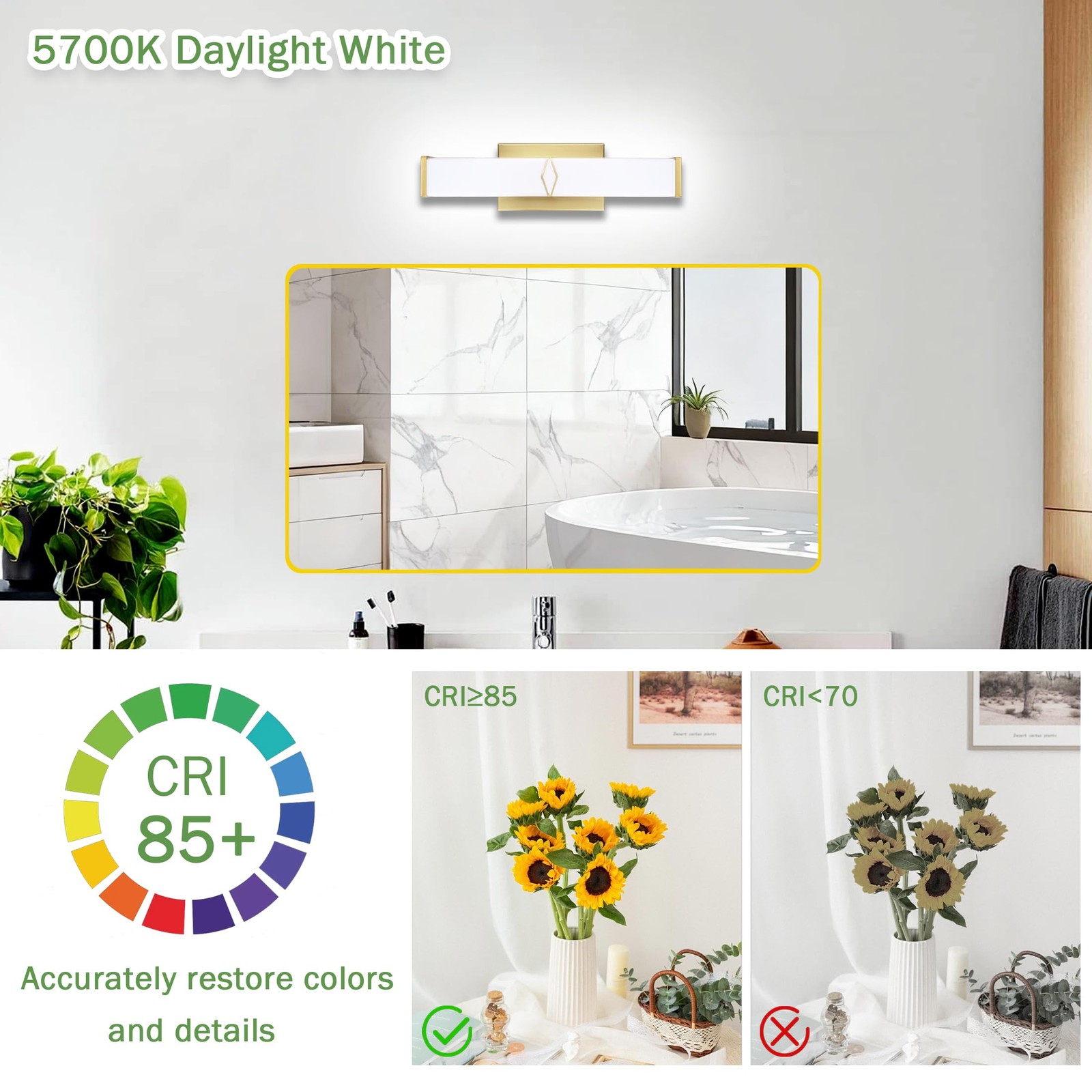 1 PCS 16 Inch Bathroom Vanity Light 2000LM 5700K 20W Gold LED Wall Sconce