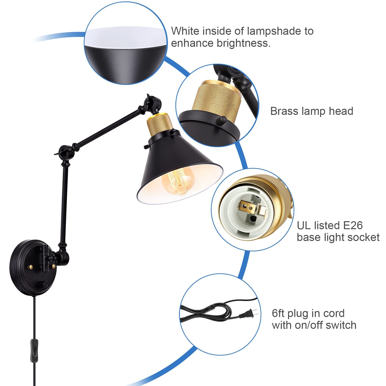 Wall Sconce Plug-in Light Dimmable Swing Arm Wall Mounted Lamp with 6FT Cord