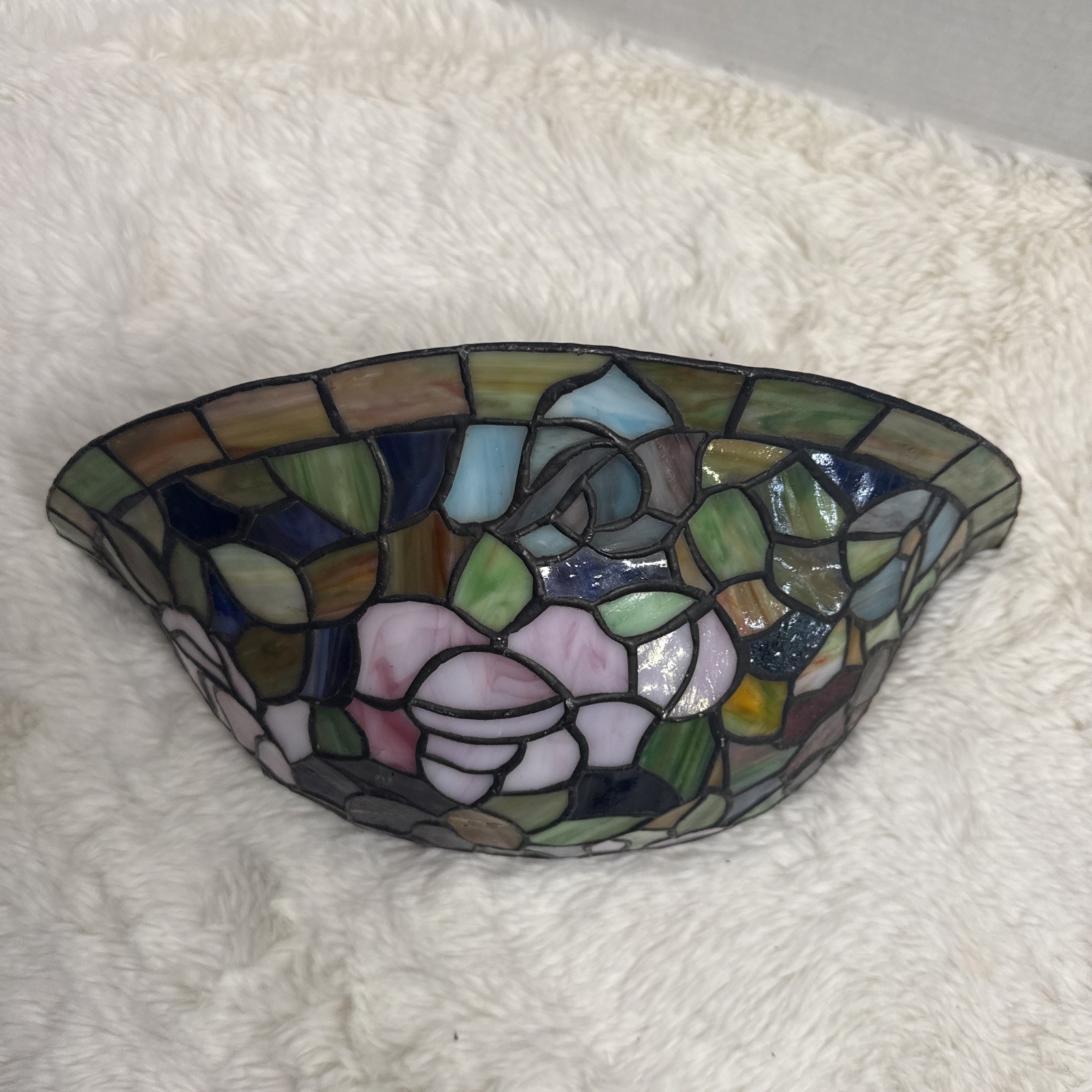 Tiffany Style Wall Sconce Rosebush Floral Vintage Stained Glass Round Fan Light