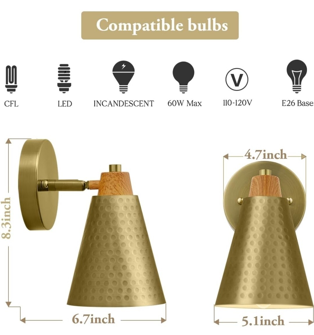 2 Hammered Gold Wall Sconces, Hard Wired Industrial Modern Wall Lighting