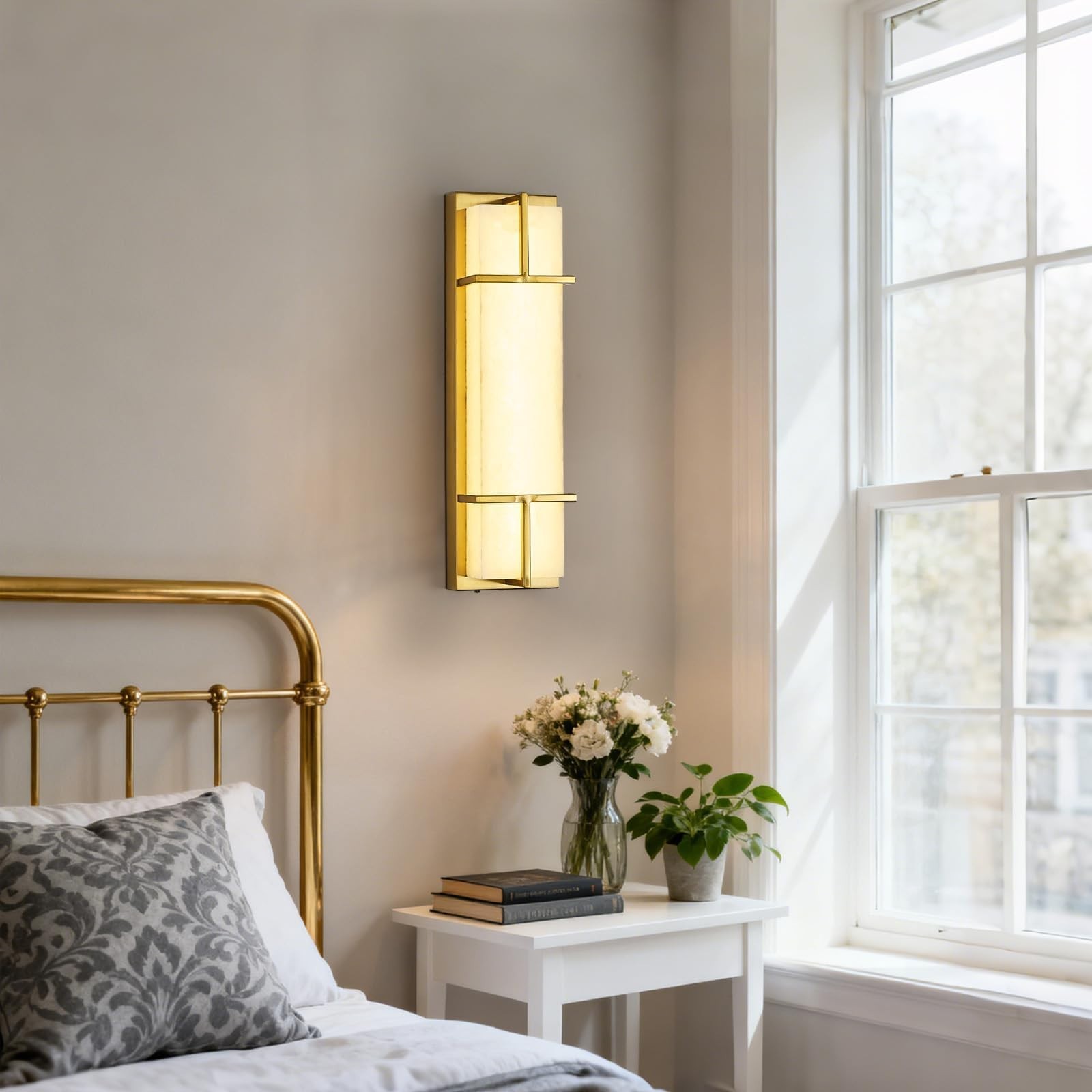 15.7″ Alabaster Wall Sconce, Dimmable 3 CCT, Square Marble Shade, Gold, Hardwire